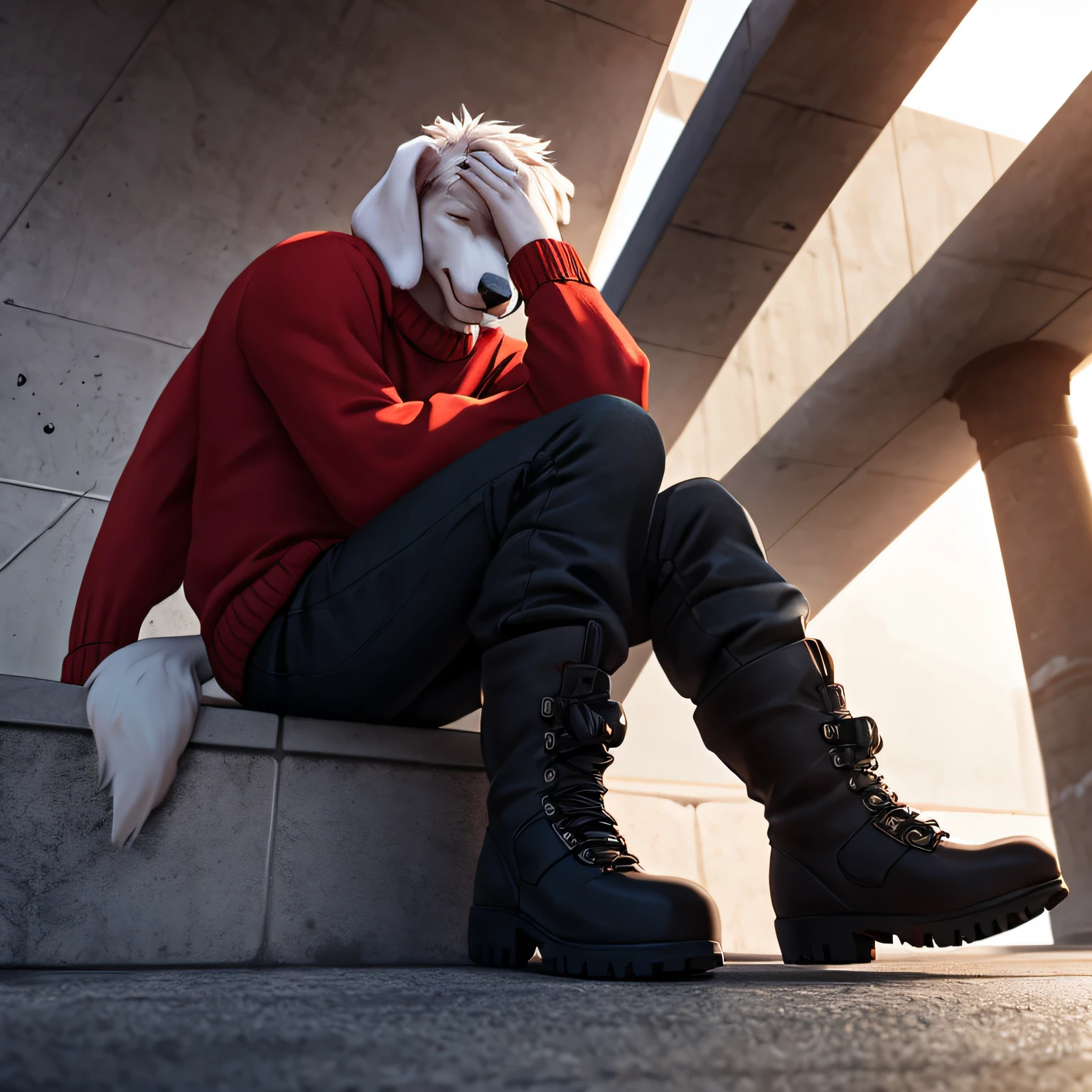 close up, extreme low angle, smirking attractive male white dog with long white floppy ears, white hair covering eyes, wearing red sweater, black jeans and large black work boots, sitting down on concrete, camera between feet, boots close to camera, 8k, film grain, semi realistic