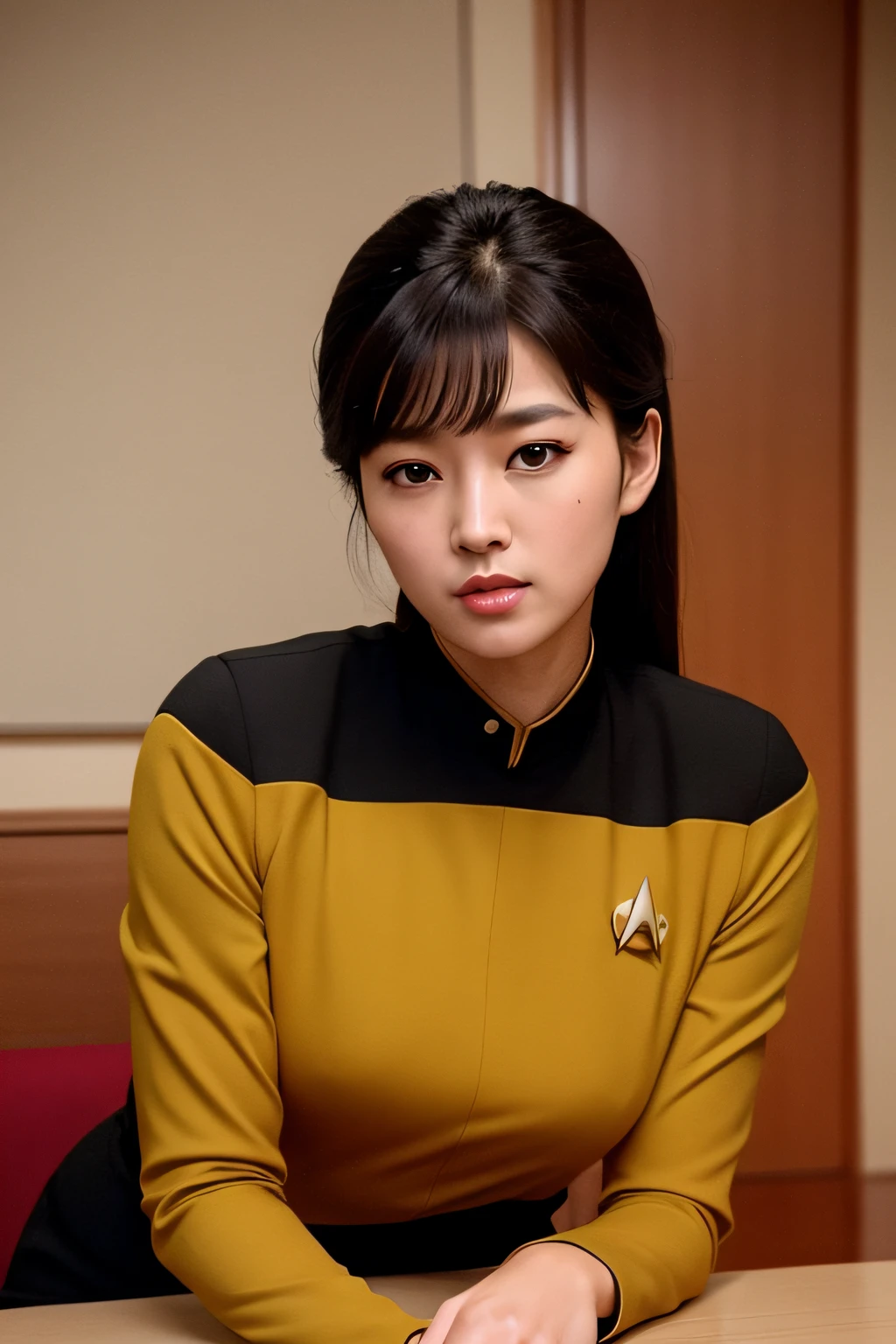 (masterpiece), best quality, expressive eyes, perfect face, Ensign Kim's older sister is a beautiful Asian girl, perfect eyes, perfect hands, yellow and black Star Trek Voyager uniform, tight uniform, photo-realistic, Harry Kim's Sister, ensign Harry Kim's mature Sister, bright indoor