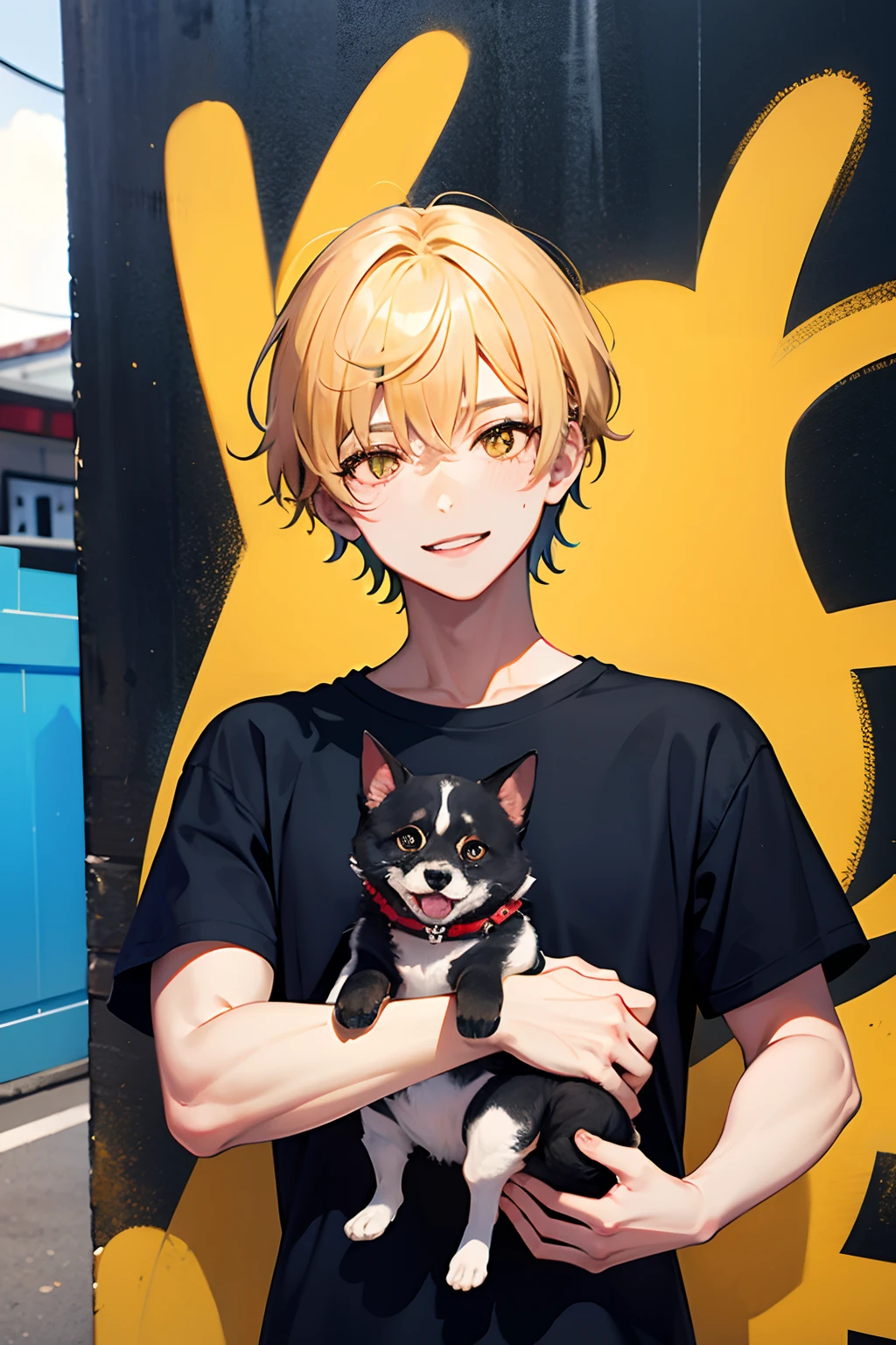 A very handsome ager，Passing by me，Inadvertently saw me，half-body photo，Smile and look at me。tall nose bridge，Yellow people，The skin is relatively white，The hair is blonde。The background is a wall，There are all kinds of graffiti on the walls。He wears simple short sleeves，Holding a cute dog。HighestQuali。