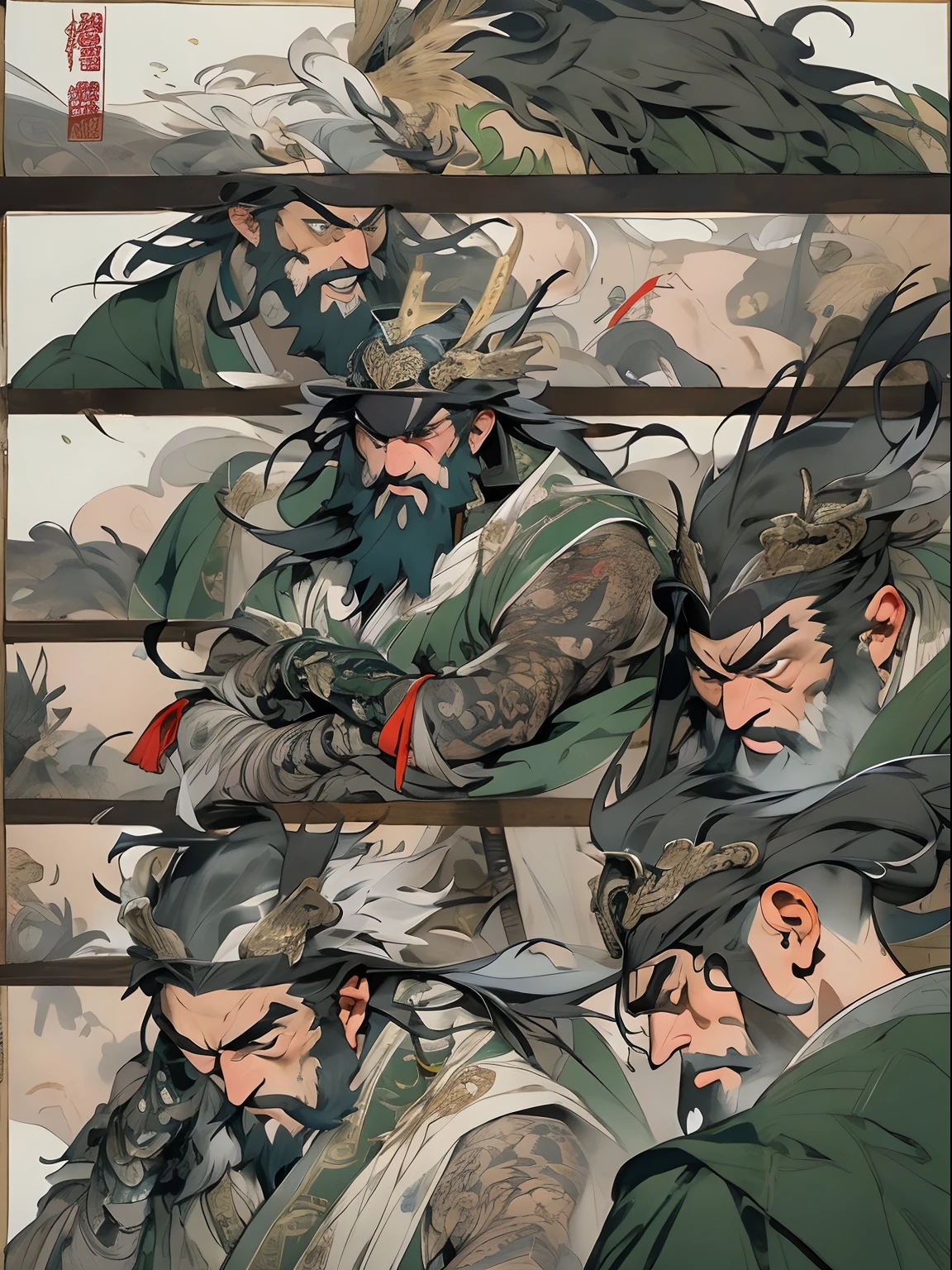 (((China-style，Ink painting method，Half-length portrait，Intense color，Han dynasty, China，Hanfu，Armor，Guan yu，Guan Yunchang，of a guy，Ruddy killing square face，Hold the Blue Dragon Moon Knife in his right hand，Stroke your beard with your left hand，Long hair，petty eyes，Green robe))), (((best qualityer))), (((tmasterpiece))), (((AS-Adult))), ((( Japanese ))), Look up from your knees, Handsome Asian samurai，perfect body figure, Modern samurai, ((( Asian))), Wear gloves on your hands，The left arm is made of steel and metal tips，Made of protective devices, The eyes are pulled, (( Appears below the chest )), (( Small dental floss )), Simon Bisley, Almost naked（Simon Bisley）Castle City Wilderness，For high-resolution posters, hair straight, Minimum clothing, armure (Crazy clothes ), Full of tips and rivets, tribal tattoos, (((full bodyesbian))), Straight brunette hair，Colored hair ends