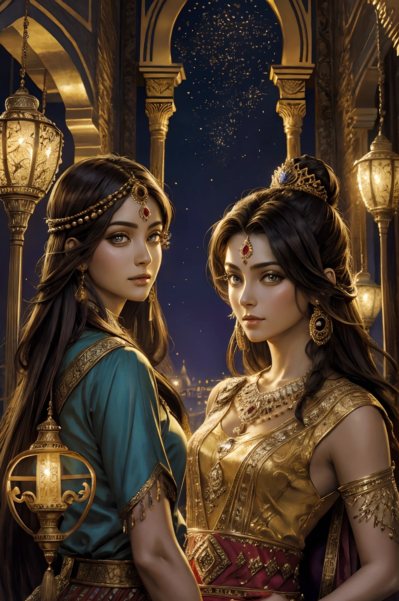 Top quality, Best quality, High-quality illustrations, Masterpiece, Super high resolution, Detailed background, Detailed background, Aladdin, Entertainment at the Arabian Palace, Sassanid dynasty, Turkish lamps,group picture:0.1, 6+Women, 6+Girls, absurderes(Highly detailed beautiful face and eyes)Perfect anatomy, expression, Good lighting, cinematic shadow(komono,),