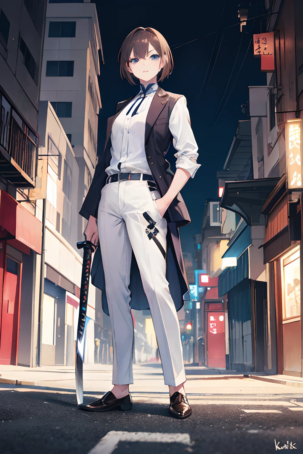 A old woman, brown hair and blue eyes, short hairstylist, white suit, street, night, use katana, badass