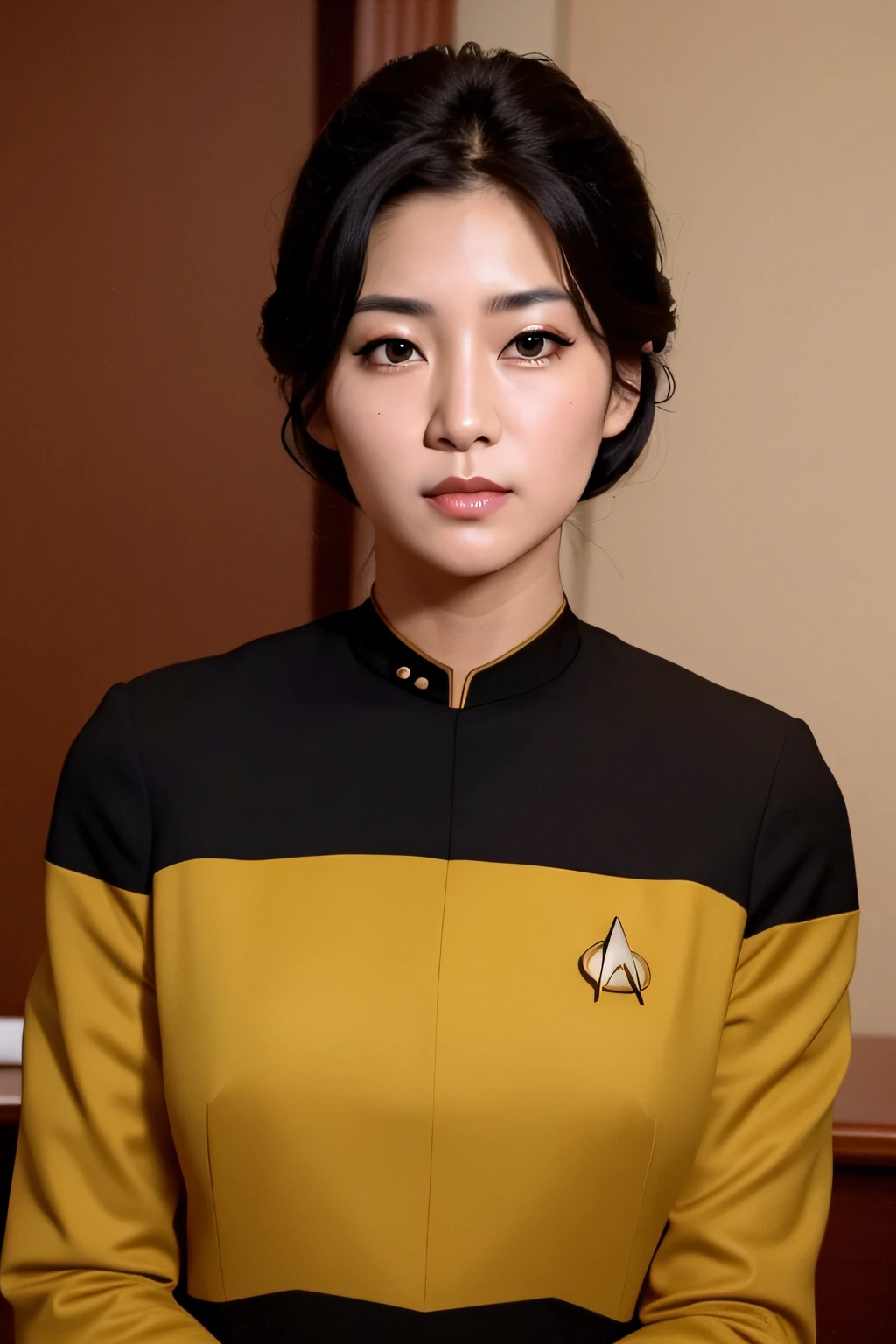 (masterpiece), best quality, expressive eyes, perfect face, Ensign Kim's older sister is a beautiful Asian girl, perfect eyes, perfect hands, yellow and black Star Trek Voyager uniform, tight uniform, photo-realistic, Harry Kim's Sister, ensign Harry Kim's mature Sister, bright indoor