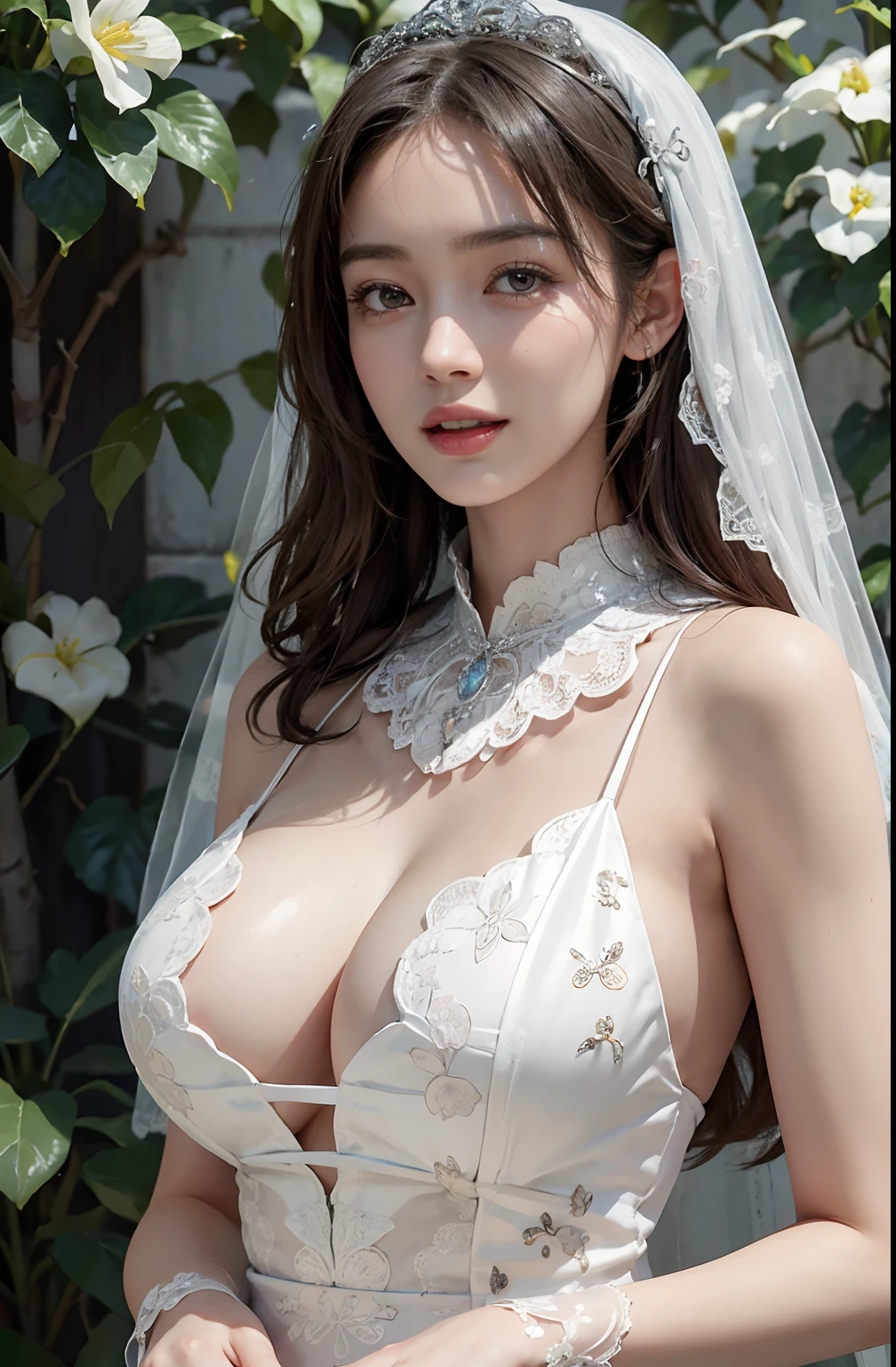 (A hyper-realistic), (illustratio), (hight resolution), (8K), (ighly detailed), (The best illustrations), (beatiful detailed eyes), (top-quality), (ultra-detailliert), (masterpiece), (wall-paper), (detailed face), droopy eyes,full of sweat, full body, long legs,short-hair,inner colored,solo,Girl in wedding dress, huge tits, smile, slim body