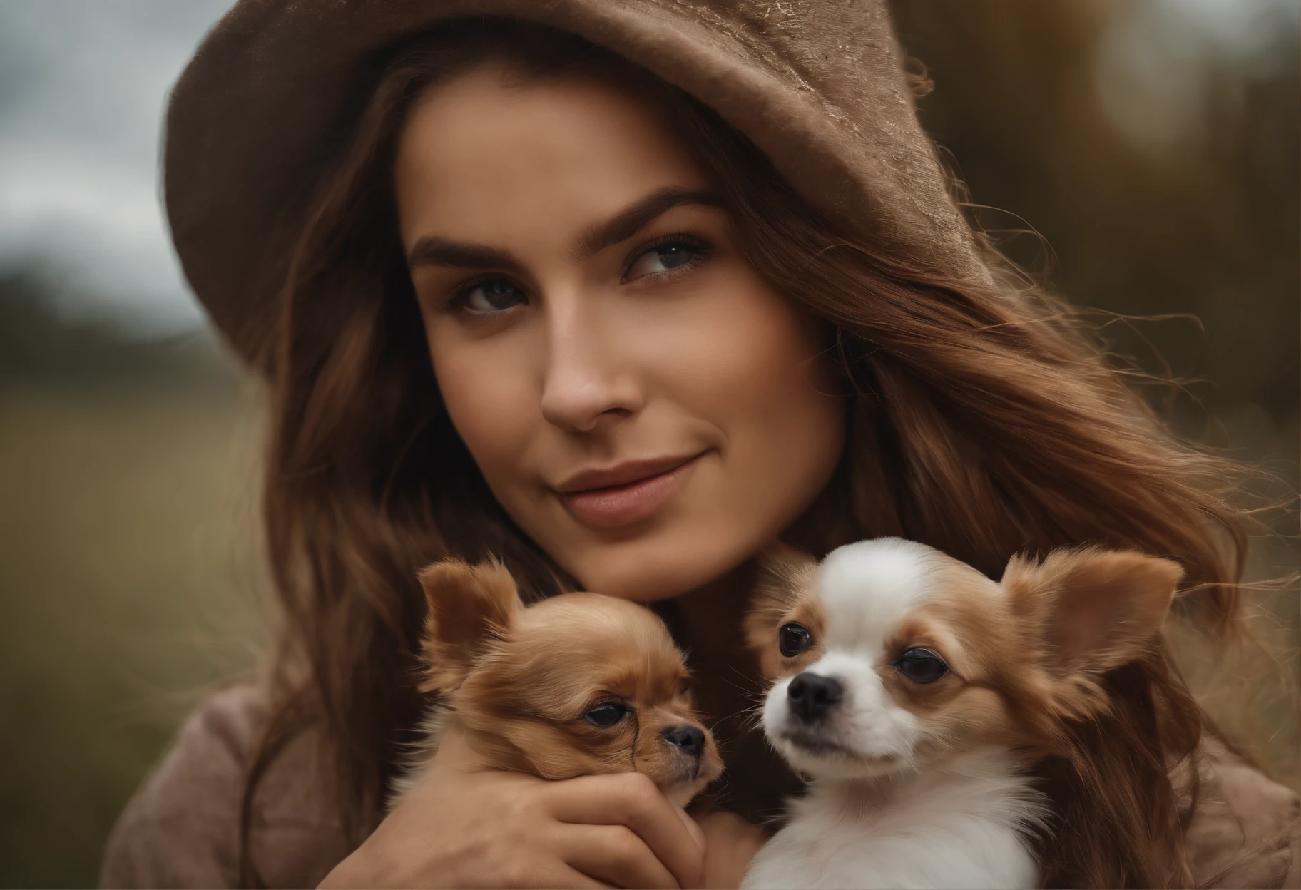 (a girl with long brown hair holding a chihuahua),illustration,detailed background,pet owner,vibrant colors,soft lighting