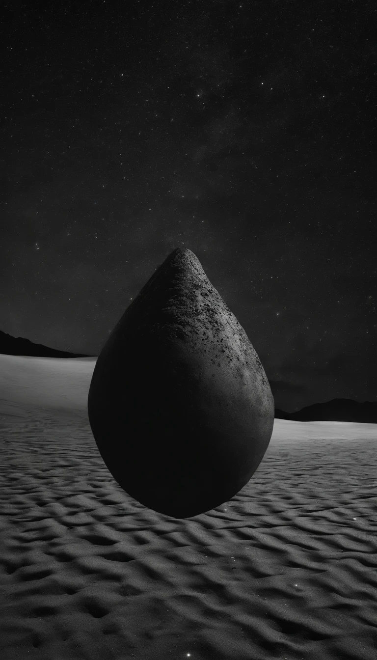 a noisy analog photo of black desert with black sand in the starry night on a lonely planet, a silhouette standing on the side in the distance looking away from the camera, scifi, high ISO --ar 16:9