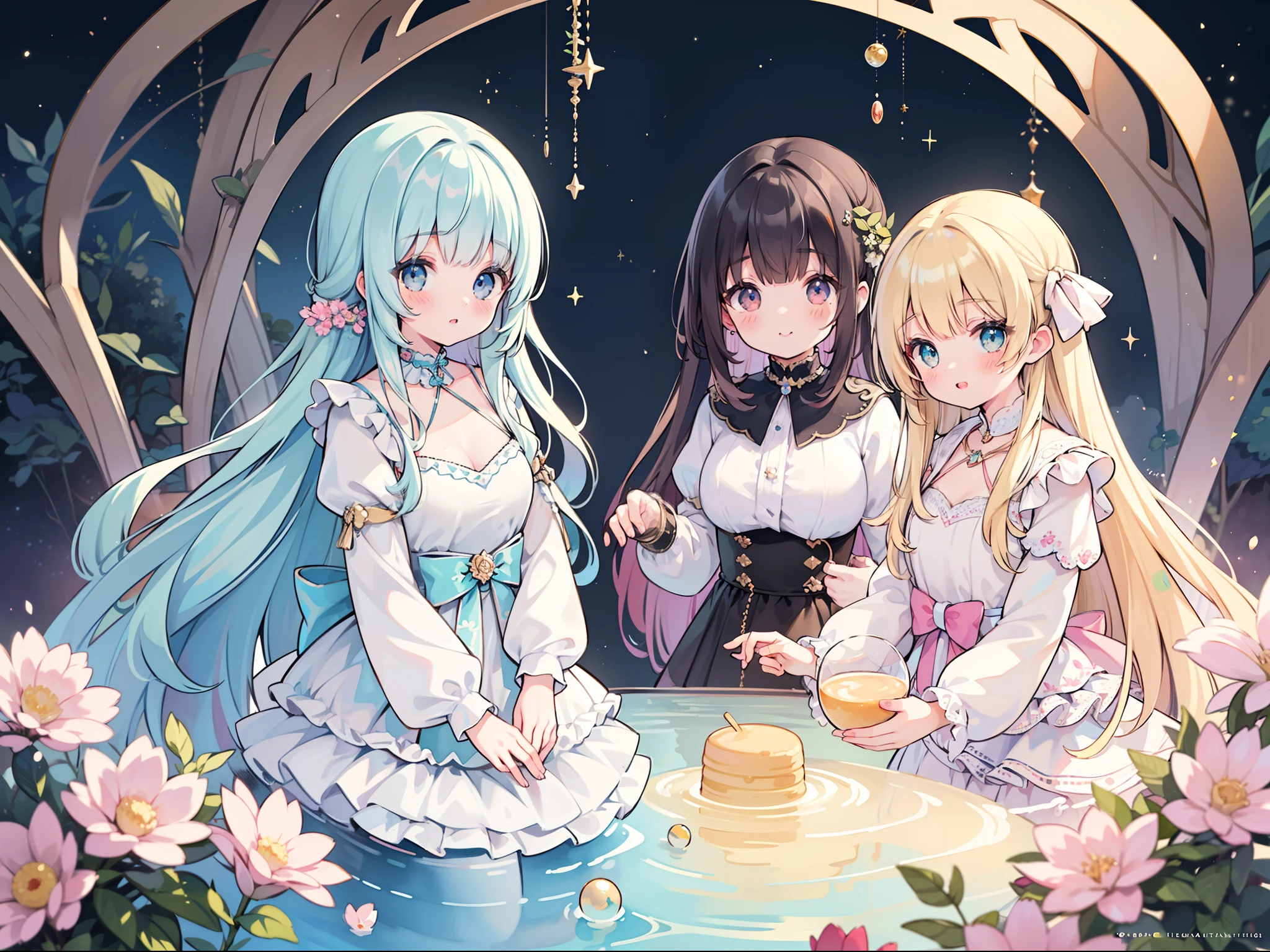 masterpiece, best quality, 8k resolution, sharp focus, intricate detail, beautiful 3girls, sparkling eyes, golden ratio face, otherworldly liquid, watercolor, pastel colors, bright colors, whimsical, colorful, sharp focus, high resolution, fine detail, ((layered tiered puffy long sleeves ballgown)), ((round eyes)), iridescent bubbles, fantasia background