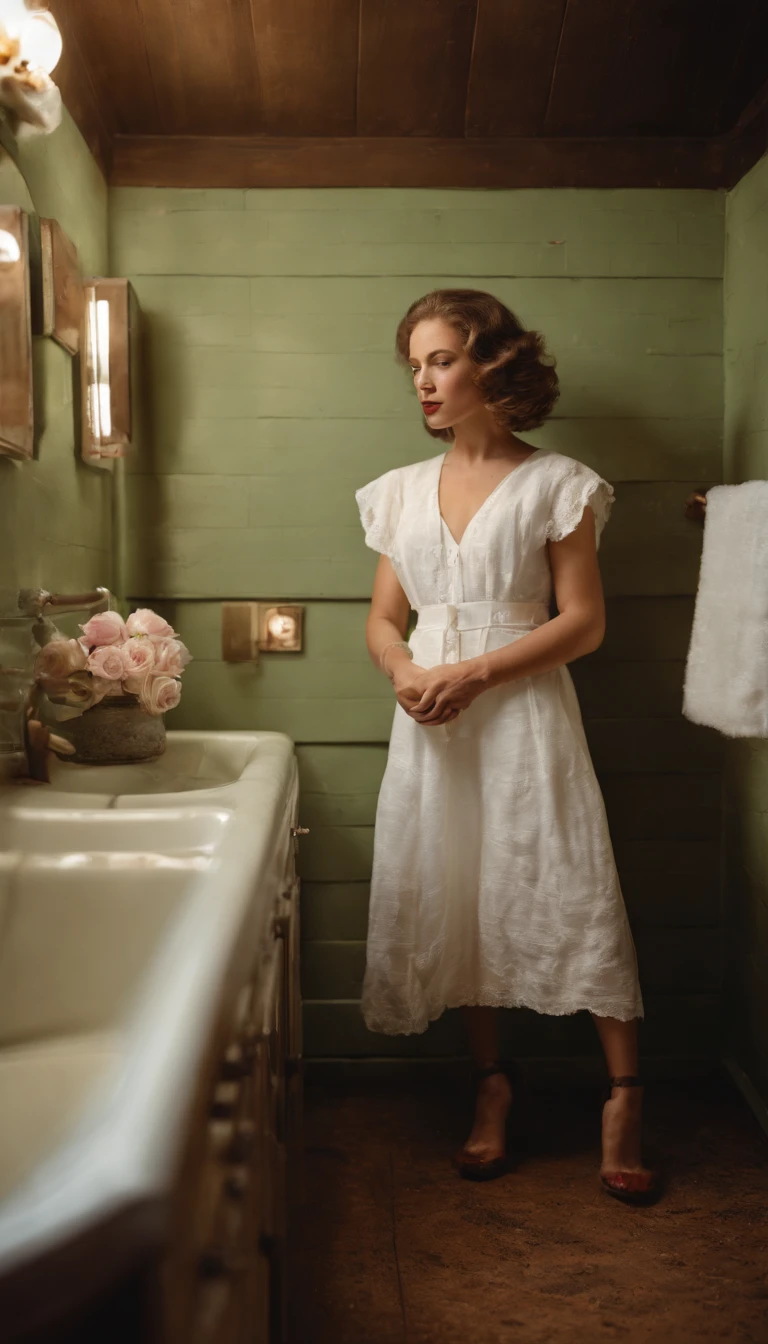 laura mann the white sink and bathroom, in the style of color reversal film, red and green, classic portraiture, 8k resolution, made of feathers, whiplash lines, cute and dreamy --ar 32:21