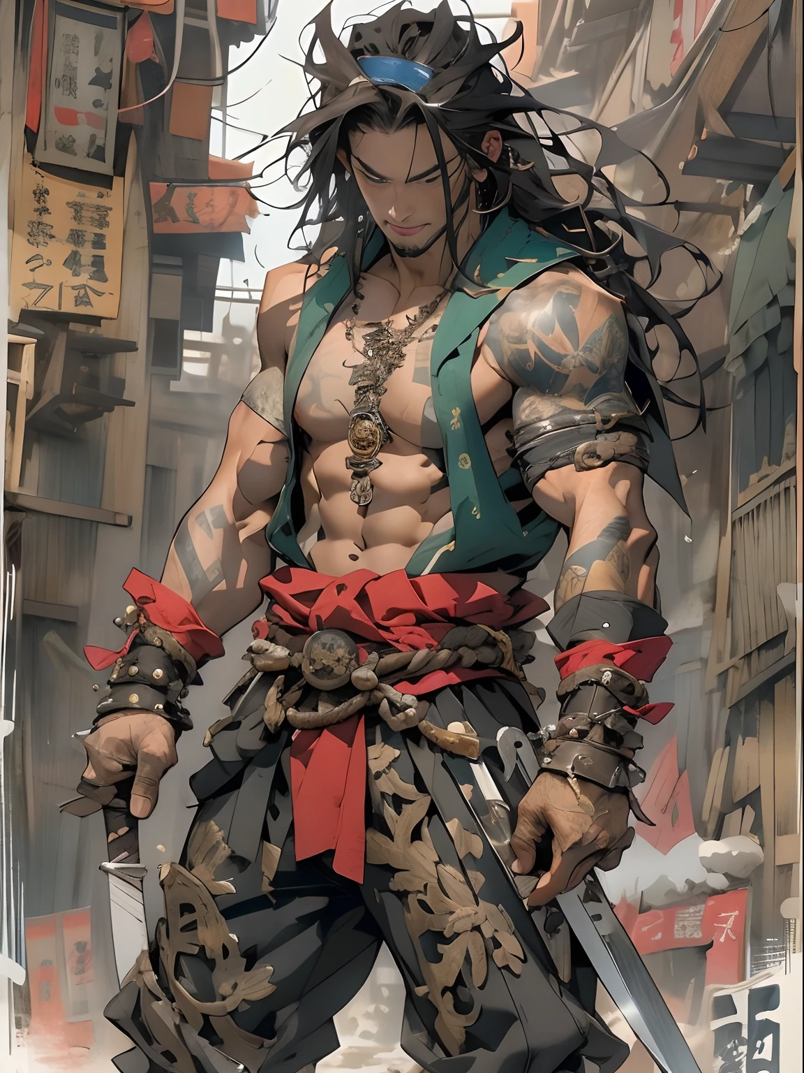 (((mtu))), (((best qualityer))), (((tmasterpiece))), (((AS-Adult))), ((( Japanese ))), Look up from your knees, Handsome Asian samurai,perfect body figure, Modern samurai, ((( Asian))), Wear gloves on your hands,The left arm is made of steel and metal tips,Made of protective devices, The eyes are pulled, (( Appears below the chest )), (( Small dental floss )), Simon Bisley, Almost naked(Simon Bisley)Castle City Wilderness,For high-resolution posters, hair straight, Minimum clothing, armure (Crazy clothes ), Full of tips and rivets, tribal tattoos, (((full bodyesbian))), Straight brunette hair,Colored hair ends