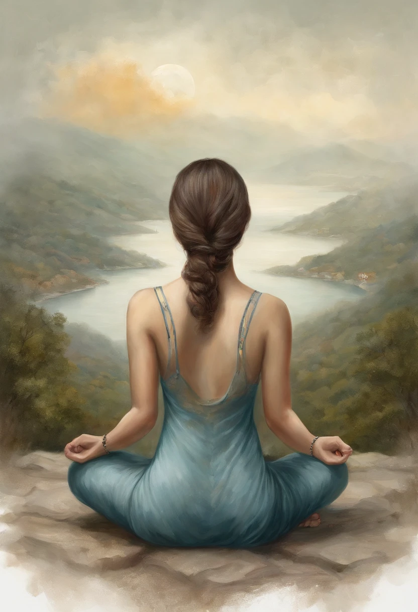 girl, back view, sitting in a meditation position, diante de um orisonte lindo, com o sol se pondo, in connection with the divine, foto de retrato, Directed by: Drew Tucker, Directed by: Adam Marczyński, Directed by: Alexander Kucharsky,  Surrealismo 8K, Directed by: Jason Felix, Yuri Shwedoff e Tom Bagshaw, arte ilustrativa, Estilo Erik Johansson