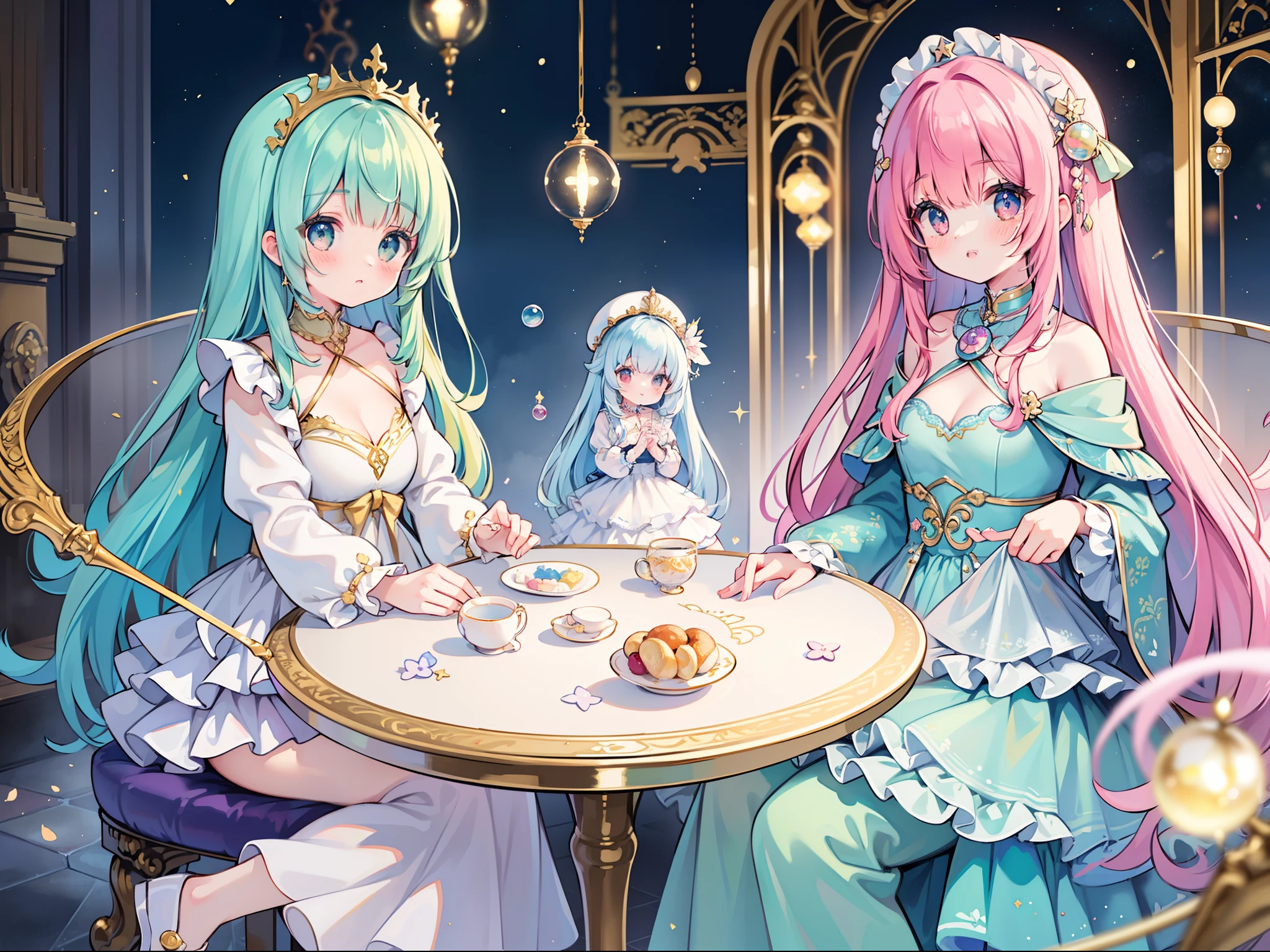 masterpiece, best quality, 8k resolution, sharp focus, intricate detail, beautiful 3girls, sparkling eyes, golden ratio face, otherworldly liquid, watercolor, pastel colors, bright colors, whimsical, colorful, sharp focus, high resolution, fine detail, ((layered tiered puffy long sleeves ballgown)), ((round eyes)), iridescent bubbles, fantasia background
