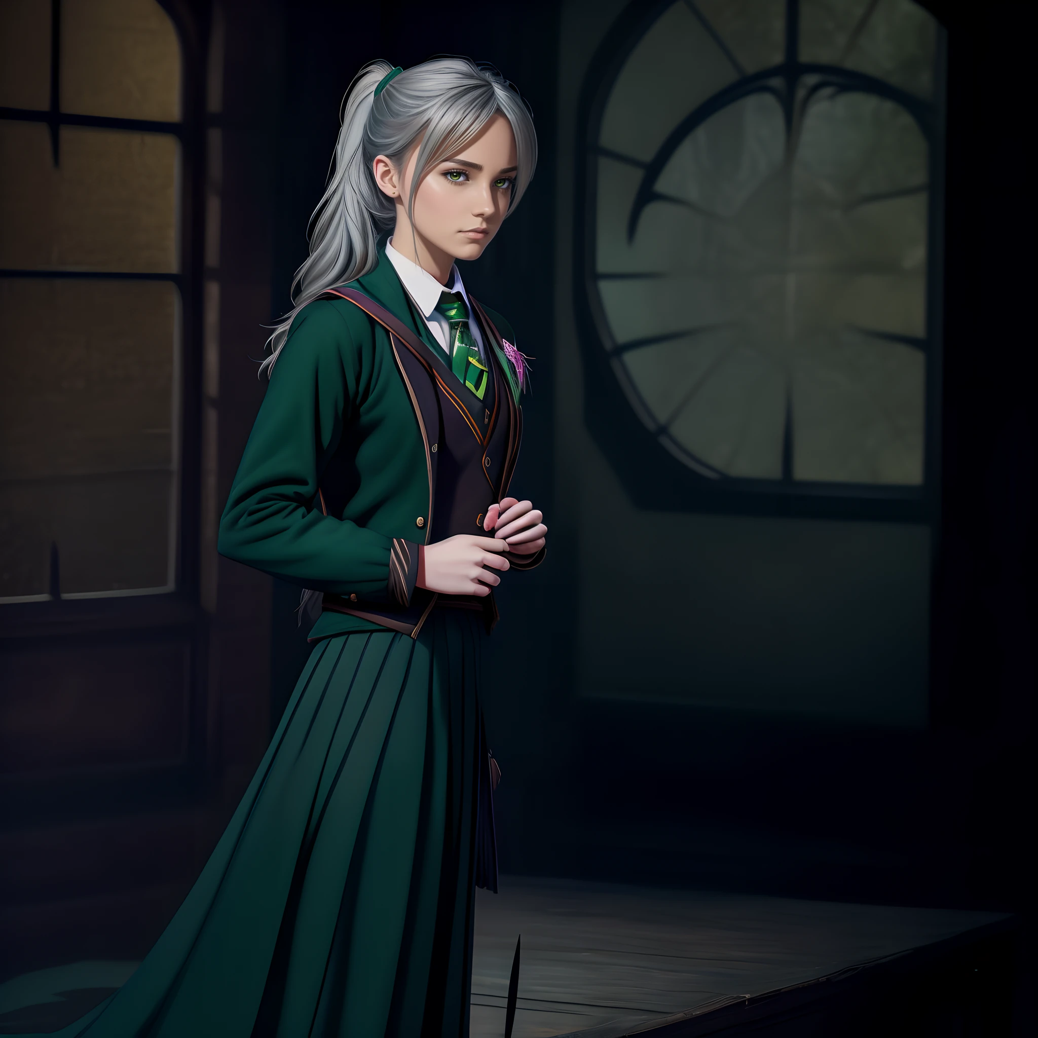 (hight resolution, Best Quality:1.2), brilliance, soft contour, a beautiful painting, Cowboy Shot, (masutepiece), 1girl in, Beautiful Girl, Hogwarts Background, Background of the magical world, Background inside the mansion, Shadow Window, Hogwarts Background, Black background, hogwarts school uniform, hogsks, Slytherin, Gray hair in a ponytail, Yellow eyes, Angry look, School Dress, Long skirt, Green tie, cool lady