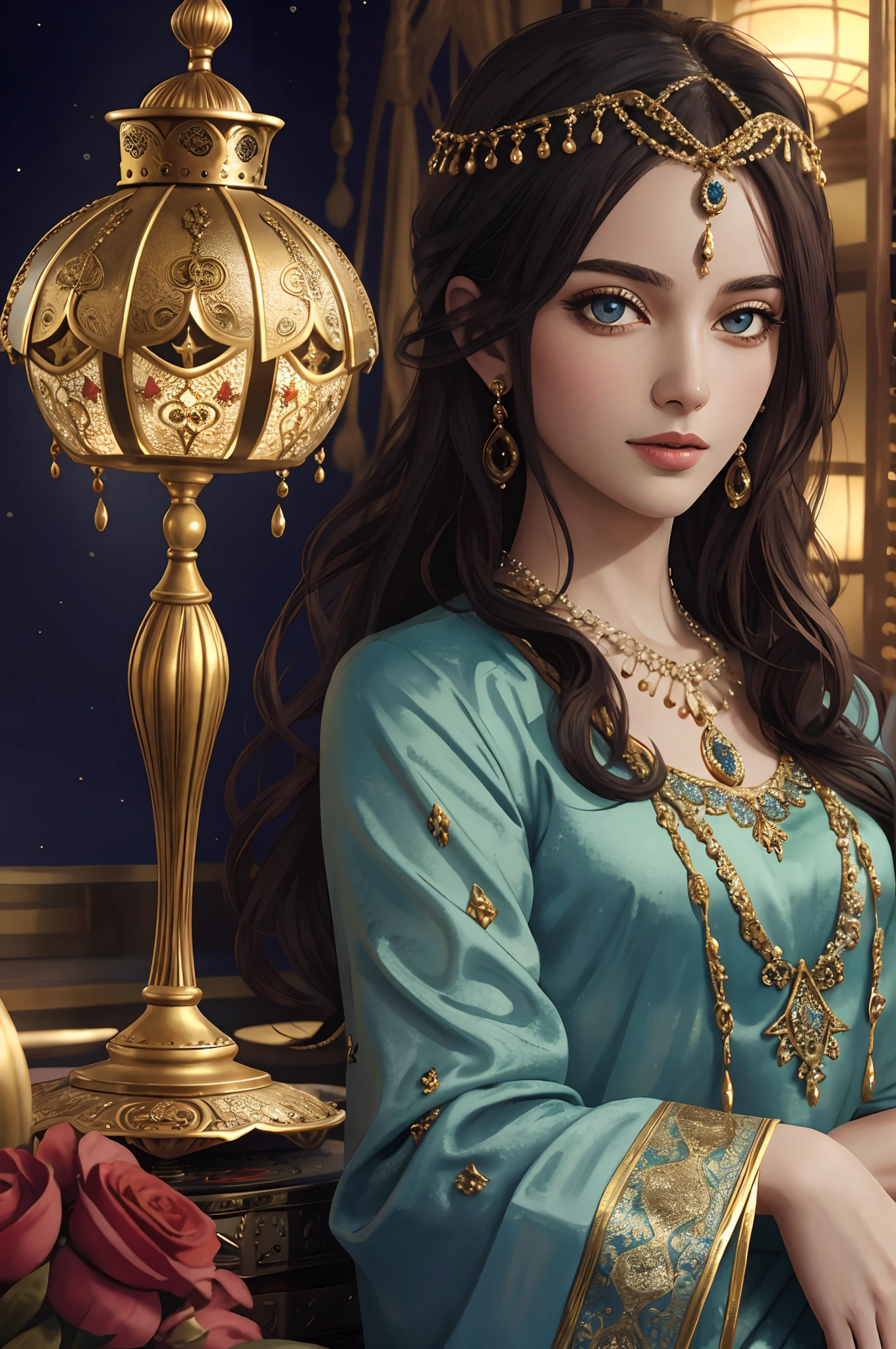 Top quality, Best quality, High-quality illustrations, Masterpiece, Super high resolution, Detailed background, Detailed background, Aladdin, Entertainment at the Arabian Palace, Sassanid dynasty, Turkish lamps,group picture:0.1,  6+Women, 6+Girls, absurderes(Highly detailed beautiful face and eyes)Perfect anatomy, expression, Good lighting, cinematic shadow(komono,),