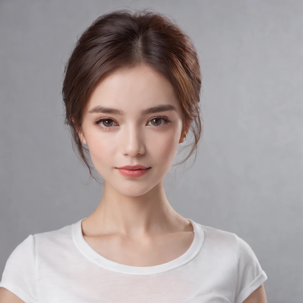 (photo: 1.3) af (realism: 1.4), (((white T-shirt))), (business hairstyle), super high resolution, (realism: 1.4), 1 girl, female avatar, soft light, Short hair, facial focus, cheerful, young, confident, ((gray background)), (((monochrome background))), high definition, details, slightly looking up, perfect picture, movie quality, ultra high definition, female avatar, beautiful girl , young and beautiful, delicate face, elegant and luxurious