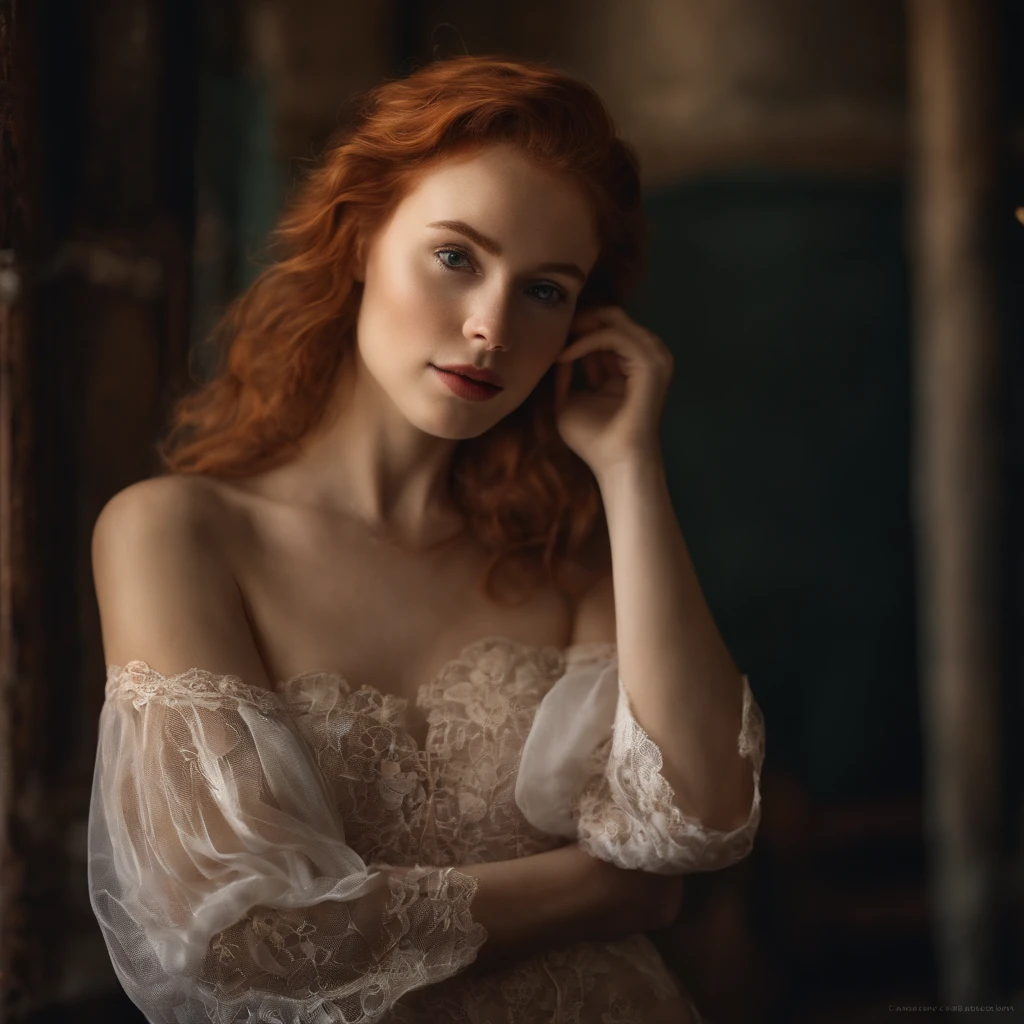 Photorealistic photo of a young redhead in lingerie wondering in the old market i Tailand, sonrisa suave, Arte de Midjorney, luminismo, Sombra intrincada definitiva - Contraste de luz, Obra maestra ganadora del Premio IPA, artistic lens, warm colours, arte por Tim Burton