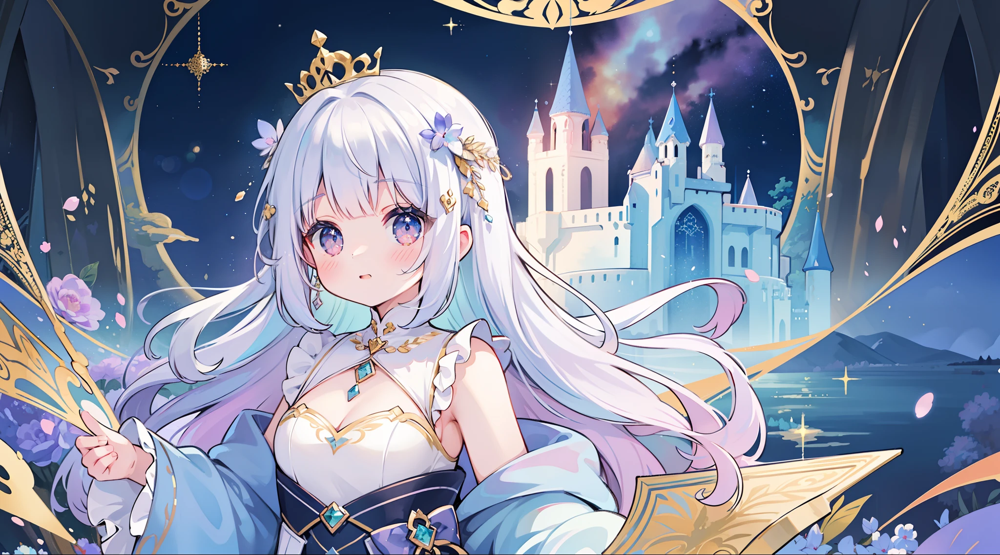 masterpiece, best quality, 8k resolution, sharp focus, intricate detail, beautiful girl, sparkling eyes, golden ratio face, otherworldly liquid, watercolor, ((pastel colors)), bright colors, whimsical, colorful, sharp focus, high resolution, fine detail, princess fantasy ballgown, ((round eyes)), iridescent bubbles, castle landscape in background