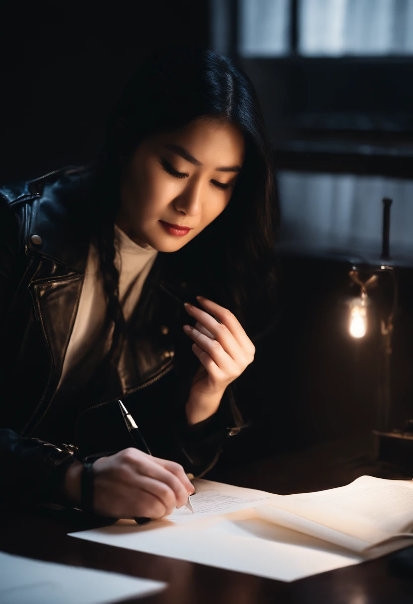 Wearing black leather gloves in both hands, upper body, black leather rider jacket, facing the desk in the study in the dark, looking down, smiling, writing a letter using a fountain pen, long, straight black hair, young Japanese woman (black leather gloves cover both hands)