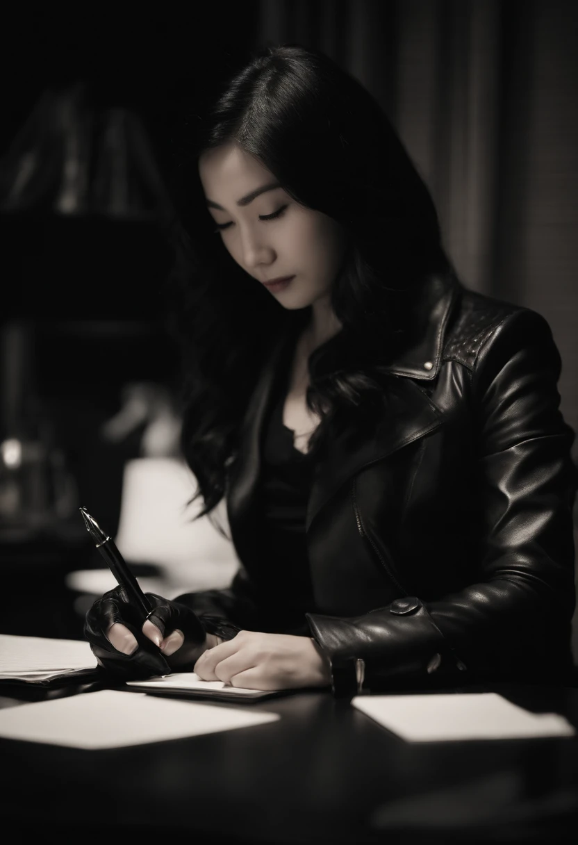 Wearing black leather gloves in both hands, upper body, black leather rider jacket, facing the desk in the study in the dark, looking down, smiling, writing a letter using a fountain pen, long, straight black hair, young Japanese woman (black leather gloves cover both hands)