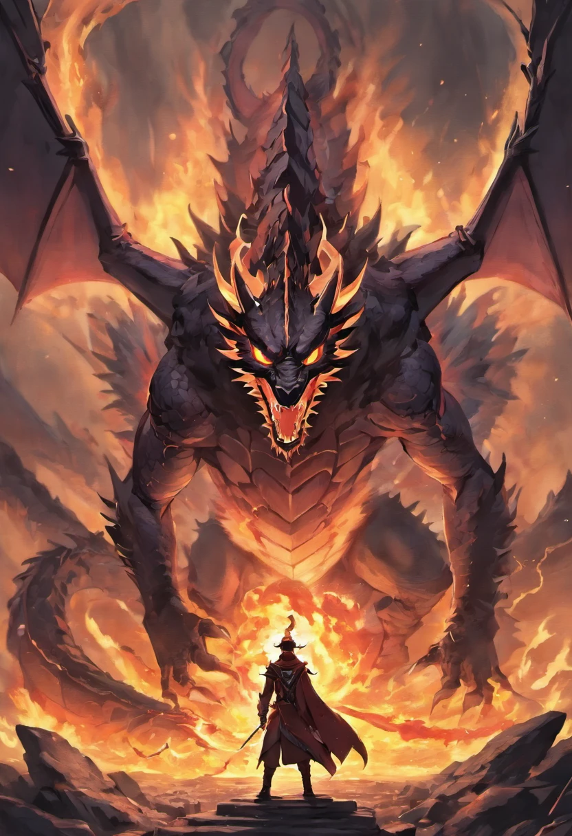 Dragon, black scales, vibrant red eyes, evil gaze, fiery scenery, "One Piece-inspired anime features, drenched in dramatic and stunning lighting, dramatic lighting, infused with creative details, ultra-fine 2D design, scenery bathed in creativity, bathed in creativity, boasting HD anime resolution clarity, HD anime graphics, high-octane rendering"