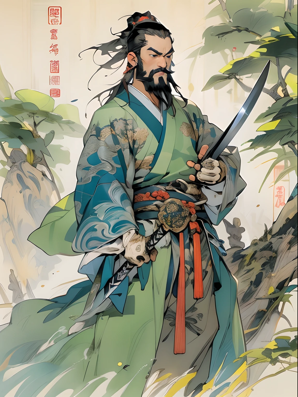 (((China-style,Ink painting method,Half-length portrait,Intense color,Han dynasty, China,Hanfu,Armor,Guan yu,Guan Yunchang,of a guy,Ruddy killing square face,Hold the Blue Dragon Moon Knife in his right hand,Stroke your beard with your left hand,Long hair,petty eyes,Green robe))), (((best qualityer))), (((tmasterpiece))), (((AS-Adult))), ((( Japanese ))), Look up from your knees, Handsome Asian samurai,perfect body figure, Modern samurai, ((( Asian))), Wear gloves on your hands,The left arm is made of steel and metal tips,Made of protective devices, The eyes are pulled, (( Appears below the chest )), (( Small dental floss )), Simon Bisley, Almost naked(Simon Bisley)Castle City Wilderness,For high-resolution posters, hair straight, Minimum clothing, armure (Crazy clothes ), Full of tips and rivets, tribal tattoos, (((full bodyesbian))), Straight brunette hair,Colored hair ends