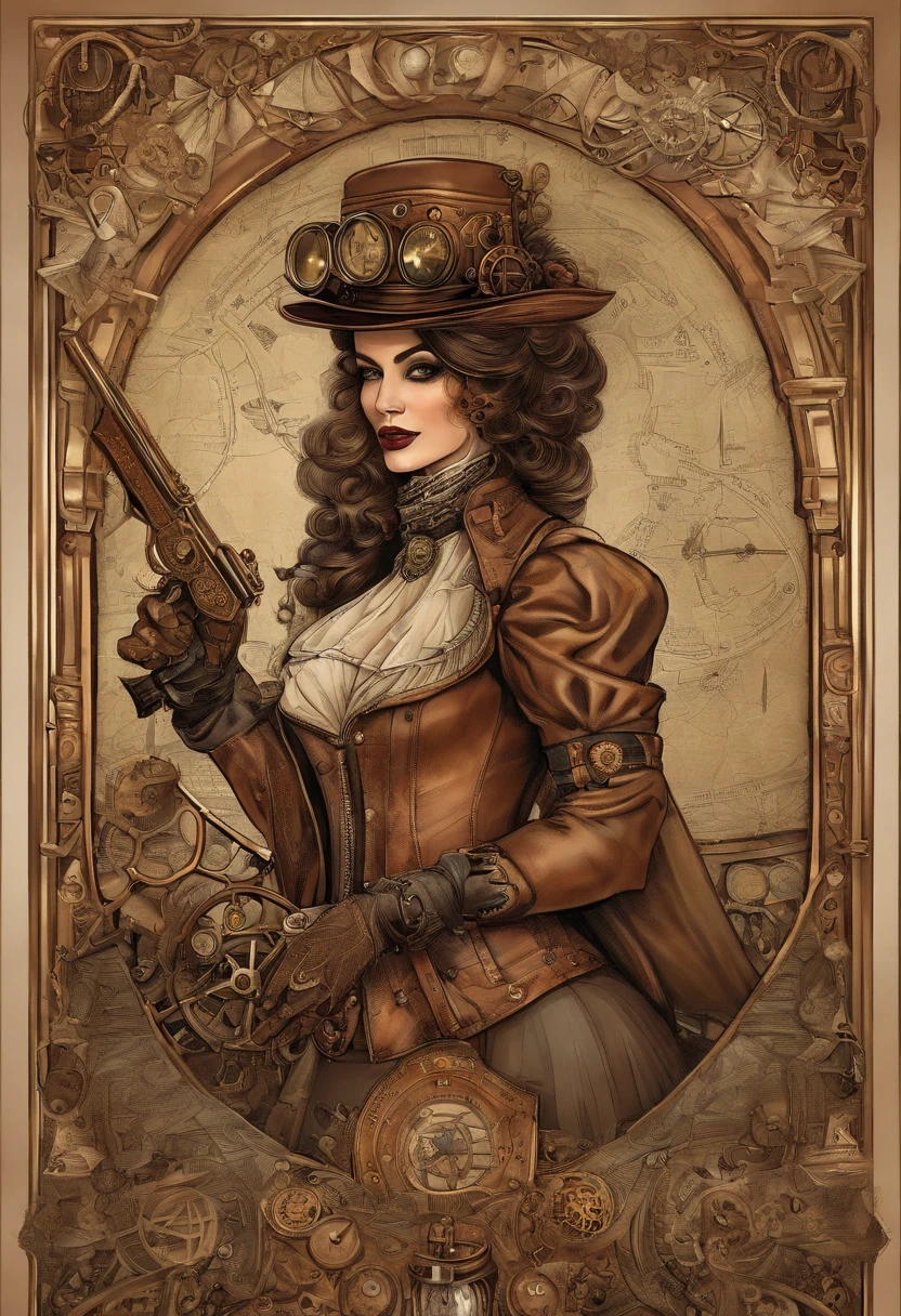 There's a woman wearing a Steam Punk hat and holding a gun.,  Steampunk, usando trajes Steampunk, meninatora Steampunk, (Steampunk), ( Steampunk ), estilo Steampunk, Steam-punk, Steampunk Fiction, steampunk aesthetic, uma deusa Steampunk bonita, Steampunk mulher anime bonita, Steampunk, fantasia Steampunk, estilo de fantasia Steampunk, arte Steampunk, arte digital Steampunk, roupas Steampunk
