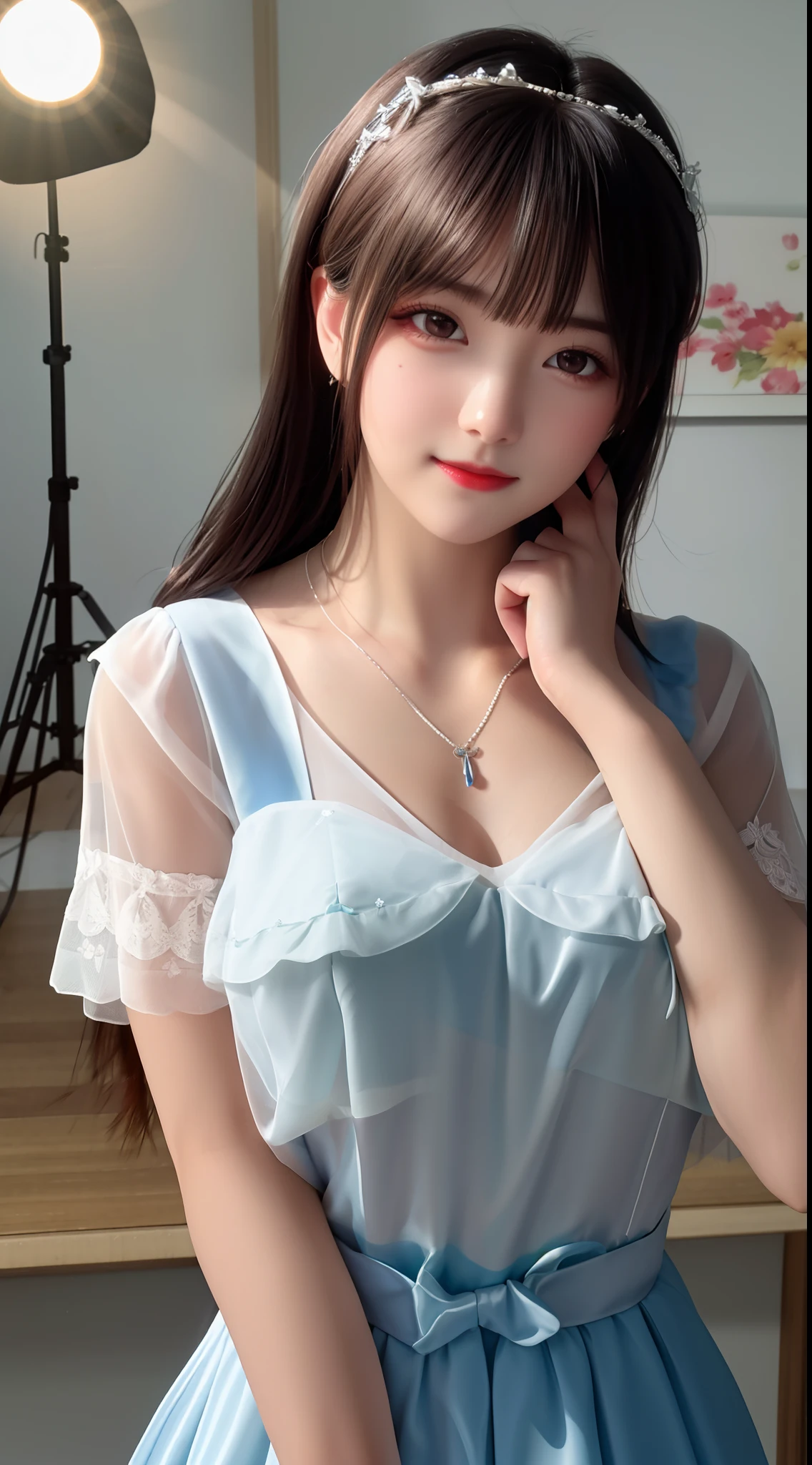 best qualtiy, tmasterpiece, 超高分辨率, realisticlying, 1girll, bshoulders,Lace, ssmile