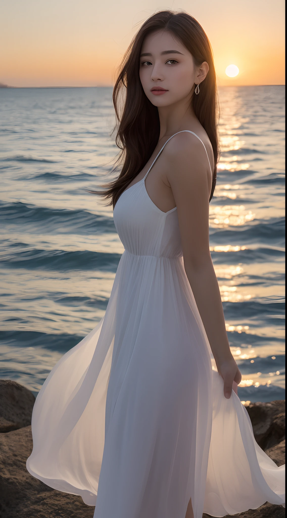 (Daytime, Excellent, 8K, Masterpiece:1.3)), Full body, Long legs, Focal length: 1.2, Perfect Body Beauty: 1.4, Slim Abs: 1.1, ((Dark Brown Hair, Big Breasts: 1.2 )), (White Dress, Standing: 1.2), ((Sea, Sunset: 1.3)), Highly detailed facial and skin texture, Detailed eyes, Double eyelids, Flying long hair
