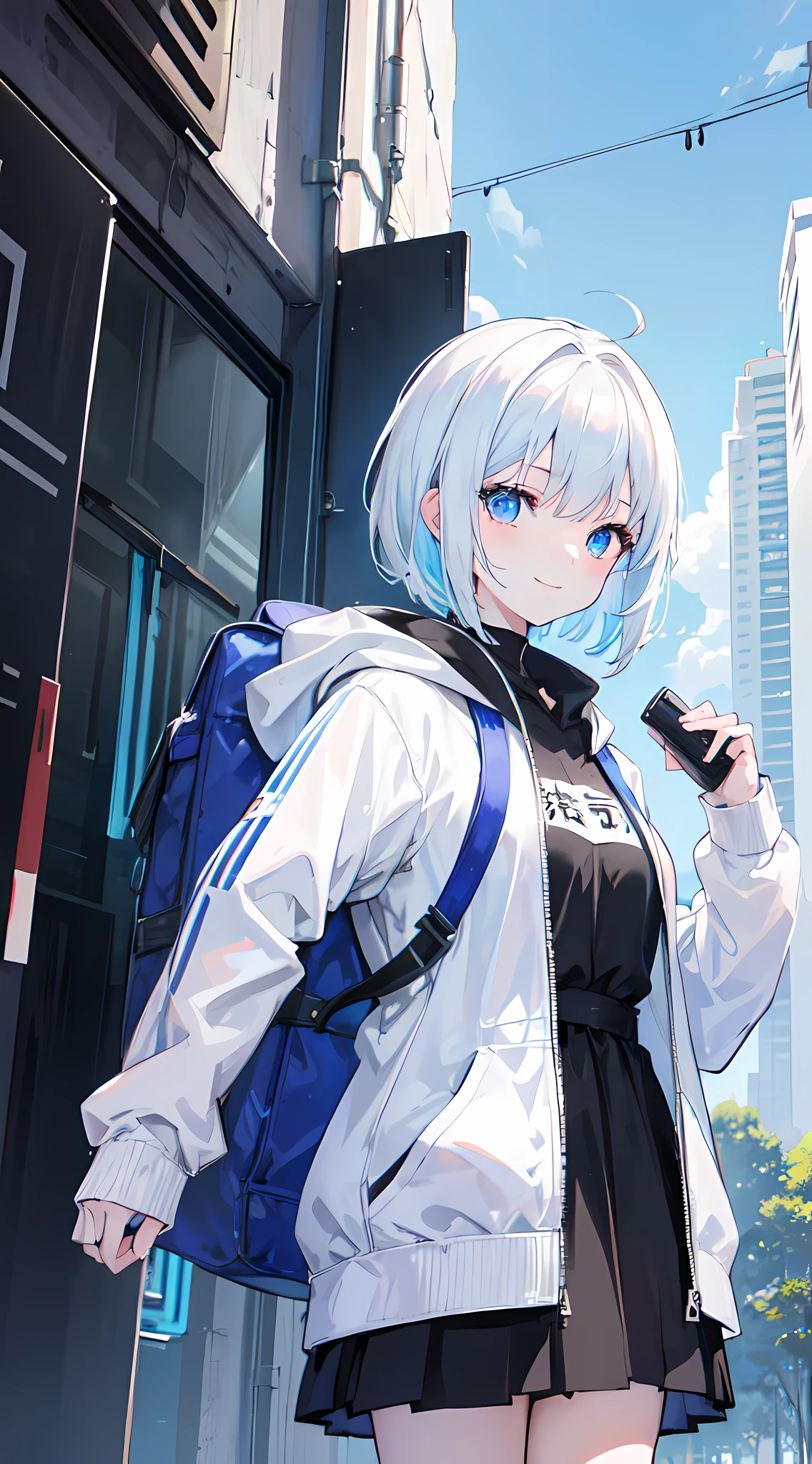 An AI girl named Suno, vtuber, idol, short white hair, blue eyes, wearing a black and white outfit, anime, smiling, cyberpunk anime girl in hoodie, with a backpack, looking at the sky, forest background