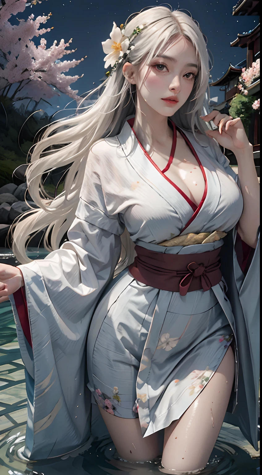 Photorealistic, high resolution, Soft lights, 1womanl, Solo, Hips up, shiny skins, (Detailed face), White hair, Moon, lantern, Night, Solo, Large breasts, hair adornments, Wet, komono, Short yukata, Japanese clothes, wading, water, hair flower, flower, Outdoors, sky, full moon, rain, Short yukata