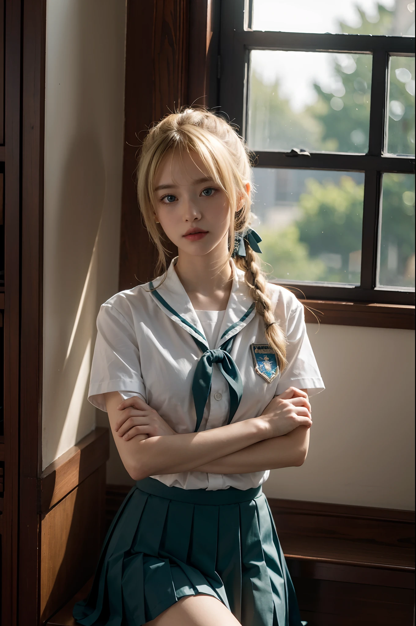 ((masterpiece,bestquality, high-res)), 1girls, bara, green eyes, Long blond hair tied with blue ribbon, blunt bangs, Seated, Folded arms on the table, Sleep on folded arms., School uniform, White Serafuku, Red sailor collar, short sleeves, White pleated skirt, (In the library), dramatic light, By the window, Afternoon light through the window, afternoon, Bokeh effect, upper body,