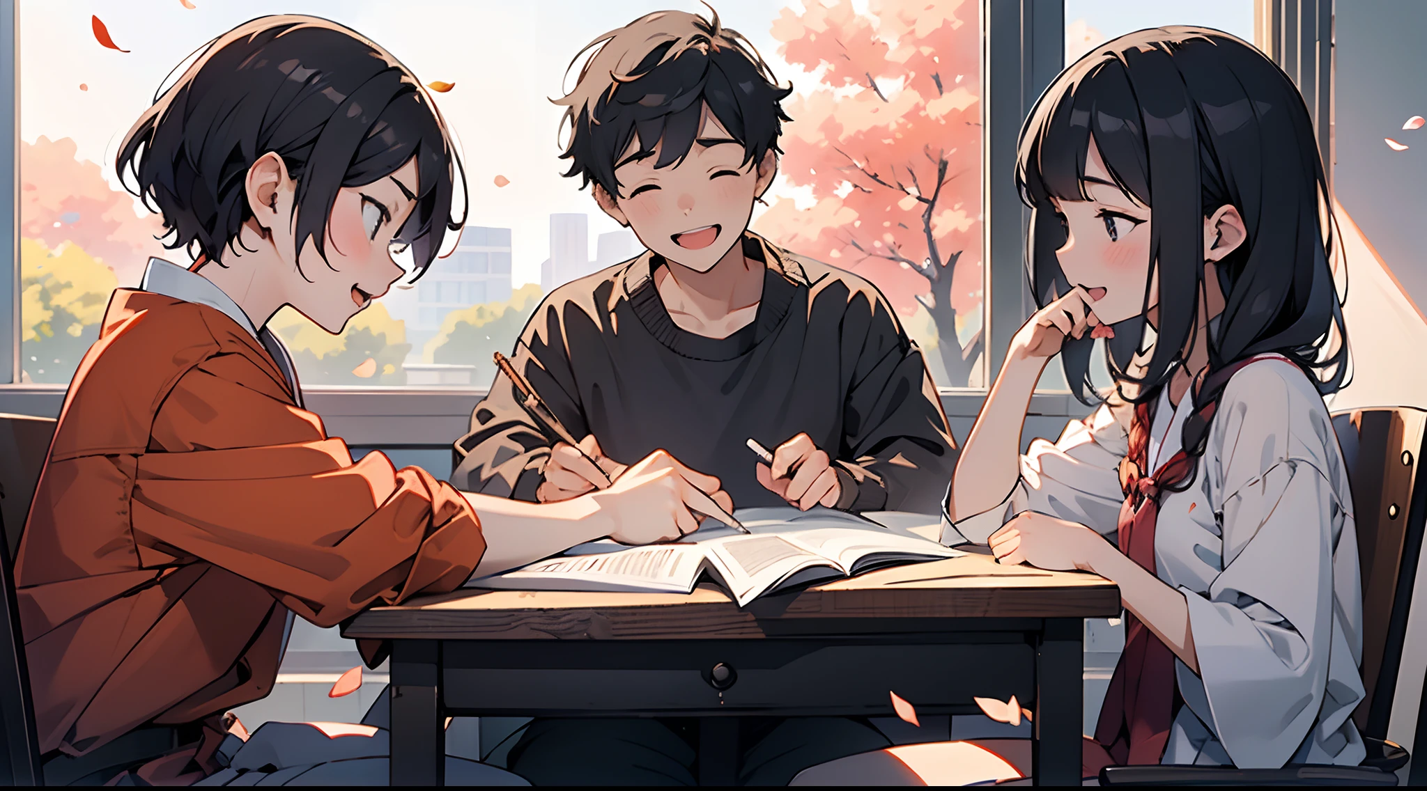 photoRealstic、A scene from a coming-of- movie、Sit at your desk and enjoy studying with friends、Opens mouth and laughs、up of face、flower petals、season!!: 夏天☀ 🍂