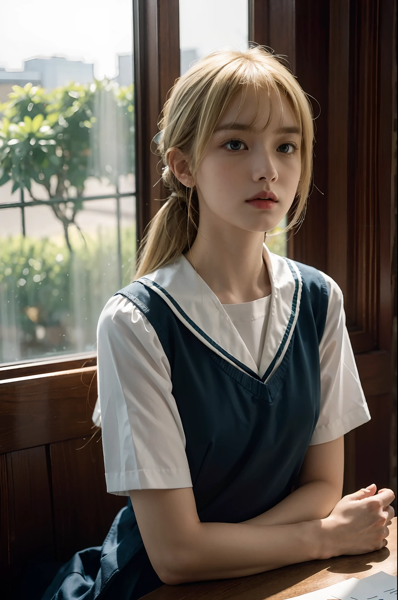 ((masterpiece,bestquality, high-res)), 1girls, bara, green eyes, Long blond hair tied with blue ribbon, blunt bangs, Seated, Folded arms on the table, Sleep on folded arms., School uniform, White Serafuku, Red sailor collar, short sleeves, White pleated skirt, (In the library), dramatic light, By the window, Afternoon light through the window, afternoon, Bokeh effect, upper body,