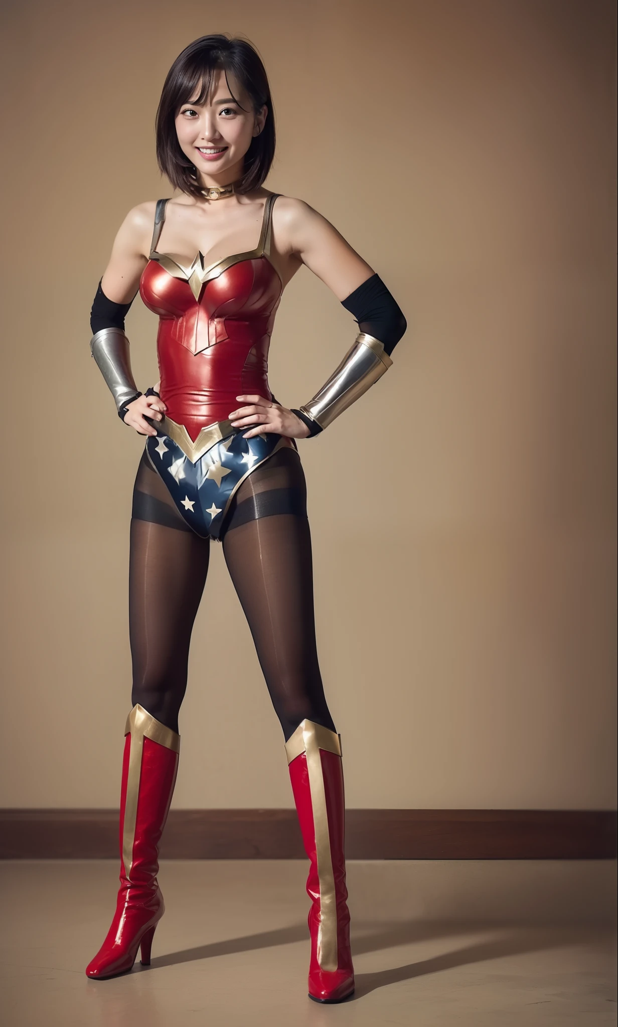 (((Make the most of the original image)))、(((Wonder Woman Costume)))、(((lustrous dark hair)))、(((Suffering)))、(((Feet must necessarily be worn with black tights)))、(((Smile)))、(((You need to wear red boots)))、((Top image quality、8K))、((top-quality、8K、masterpiece:1.3))、Crisp focus:1.2、Beautiful woman with perfect body shape:1.4、Slender Abs:1.2、((layers-Cut、large boob:1.2))、a wet body:1.5、Highly detailed facial and skin texture、