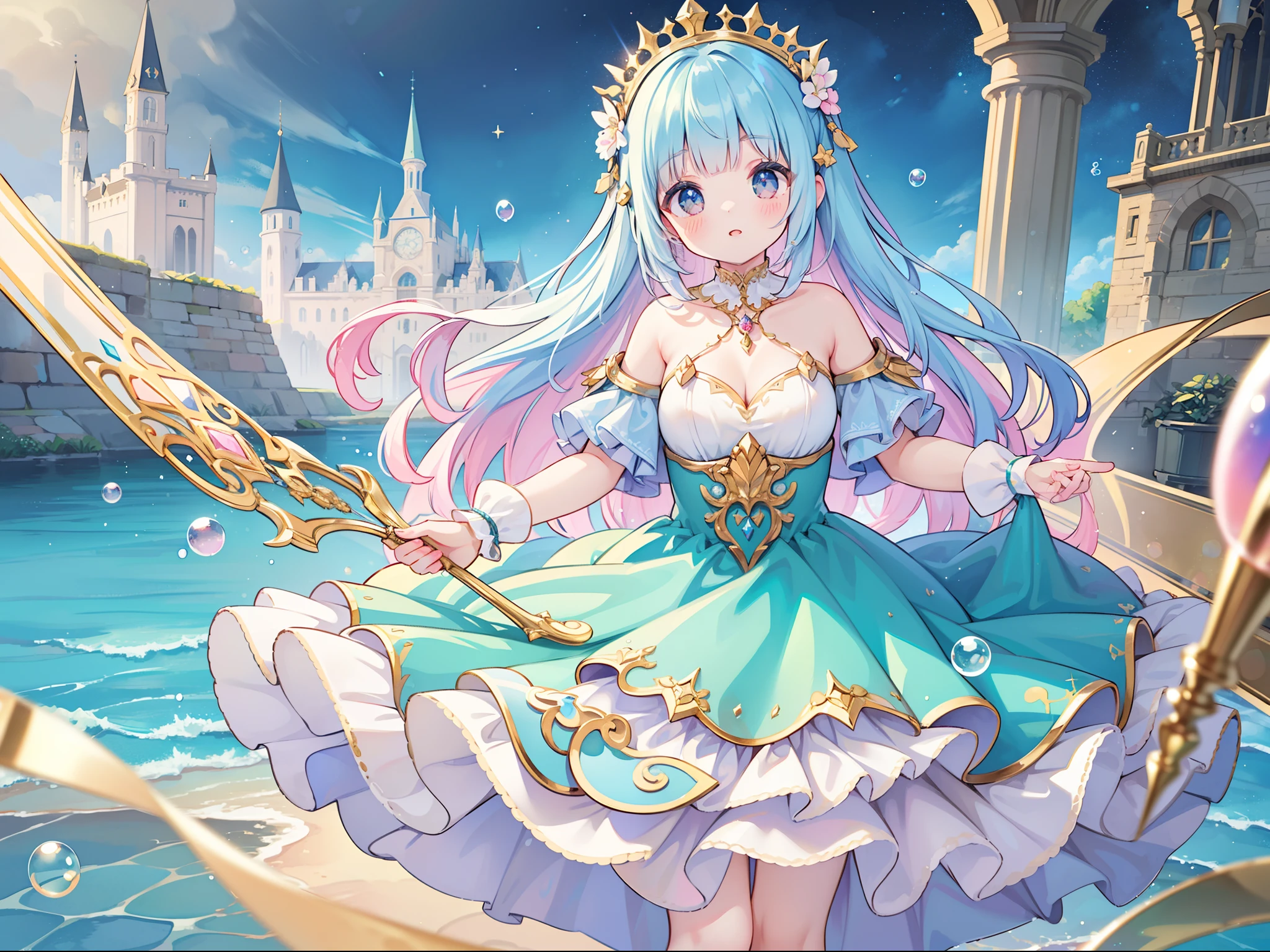 masterpiece, best quality, 8k resolution, sharp focus, intricate detail, beautiful girl, sparkling eyes, golden ratio face, otherworldly liquid, watercolor, ((pastel colors)), bright colors, whimsical, colorful, sharp focus, high resolution, fine detail, princess fantasy ballgown, ((round eyes)), iridescent bubbles, castle landscape in background