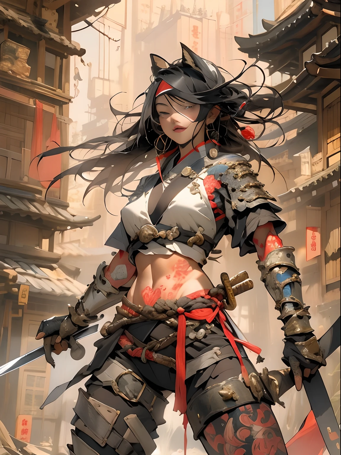 (((woman))), (((best qualityer))), (((tmasterpiece))), (((AS-Adult))), ((( Japanese ))), Look up from your knees, A beautiful asian samurai woman with perfect body, Modern samurai, ((( Asian))), Wear gloves on your hands,The left arm is made of steel and metal tips,Made of protective devices, The eyes are pulled, (( Appears below the breast )), (( Small dental floss )), Simon Bisley, Almost naked(Simon Bisley)Castle City Wilderness,For high-resolution posters, hair straight, Minimum clothing, armure (Crazy clothes ), Full of tips and rivets, tribal tattoos, (((full bodyesbian))), Straight brunette hair,Colored hair ends