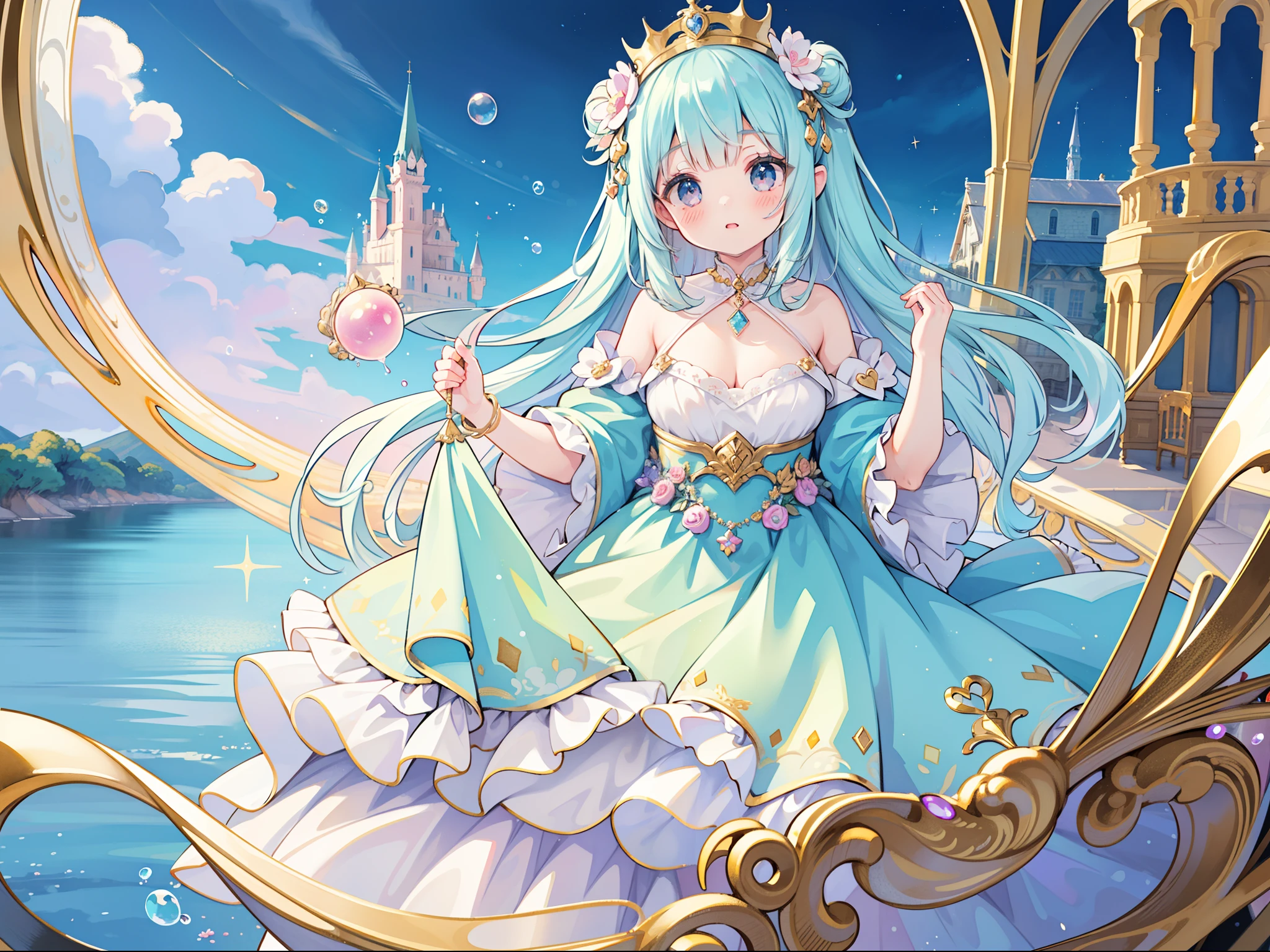 masterpiece, best quality, 8k resolution, sharp focus, intricate detail, beautiful girl, sparkling eyes, golden ratio face, otherworldly liquid, watercolor, ((pastel colors)), bright colors, whimsical, colorful, sharp focus, high resolution, fine detail, princess fantasy ballgown, ((round eyes)), iridescent bubbles, castle landscape in background