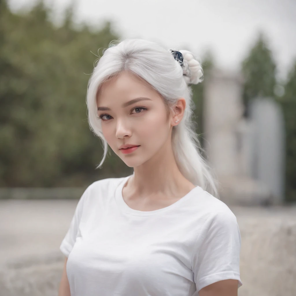(photo: 1.3) af (realism: 1.4), (((white T-shirt))), (white hair, twin tails), super high resolution, (realism: 1.4), 1 girl, female avatar, Soft light, short hair, facial focus, cheerful, young, confident, ((gray background)), (((monochrome background))), high definition, details, slightly looking up, perfect picture, movie quality, ultra high definition, female avatar , beautiful girl, young and pretty, delicate face, elegant and luxurious