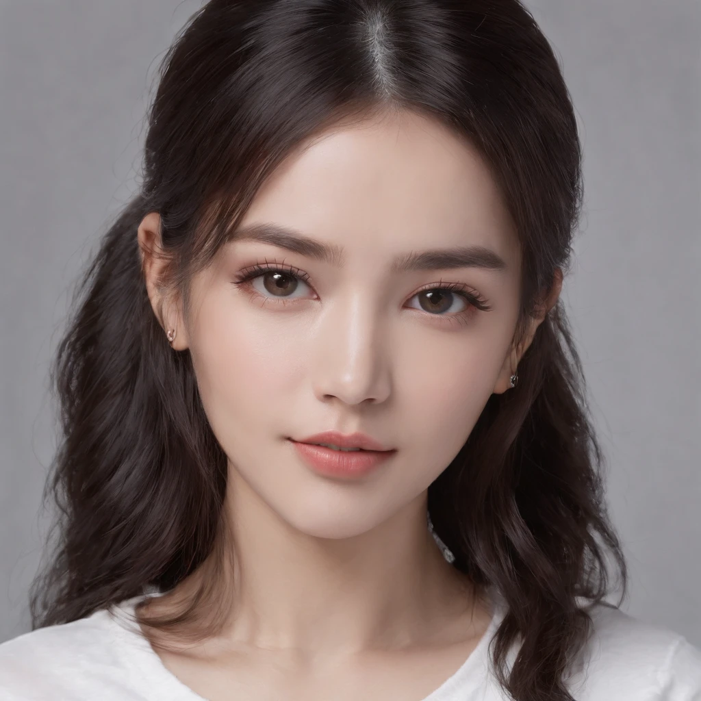 (photo: 1.3) af (realism: 1.4), (((white T-shirt))), (black hair, twin tails), super high resolution, (realism: 1.4), 1 girl, female avatar, Soft light, short hair, facial focus, cheerful, young, confident, ((gray background)), (((monochrome background))), high definition, details, slightly looking up, perfect picture, movie quality, ultra high definition, female avatar , beautiful girl, young and pretty, delicate face, elegant and luxurious