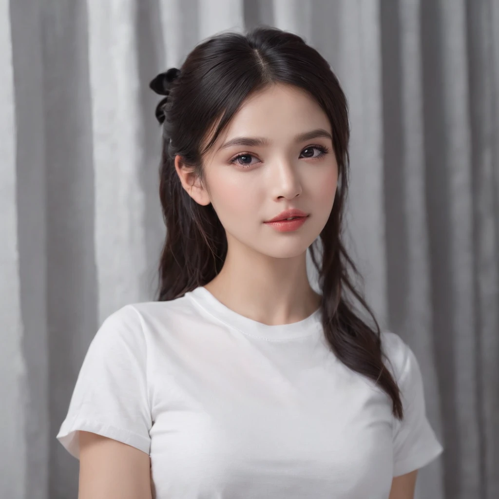 (photo: 1.3) af (realism: 1.4), (((white T-shirt))), (black hair, twin tails), super high resolution, (realism: 1.4), 1 girl, female avatar, Soft light, short hair, facial focus, cheerful, young, confident, ((gray background)), (((monochrome background))), high definition, details, slightly looking up, perfect picture, movie quality, ultra high definition, female avatar , beautiful girl, young and pretty, delicate face, elegant and luxurious