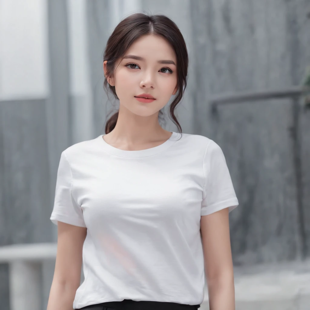 (photo: 1.3) af (realism: 1.4), (((white T-shirt))), (black hair, twin tails), super high resolution, (realism: 1.4), 1 girl, female avatar, Soft light, short hair, facial focus, cheerful, young, confident, ((gray background)), (((monochrome background))), high definition, details, slightly looking up, perfect picture, movie quality, ultra high definition, female avatar , beautiful girl, young and pretty, delicate face, elegant and luxurious