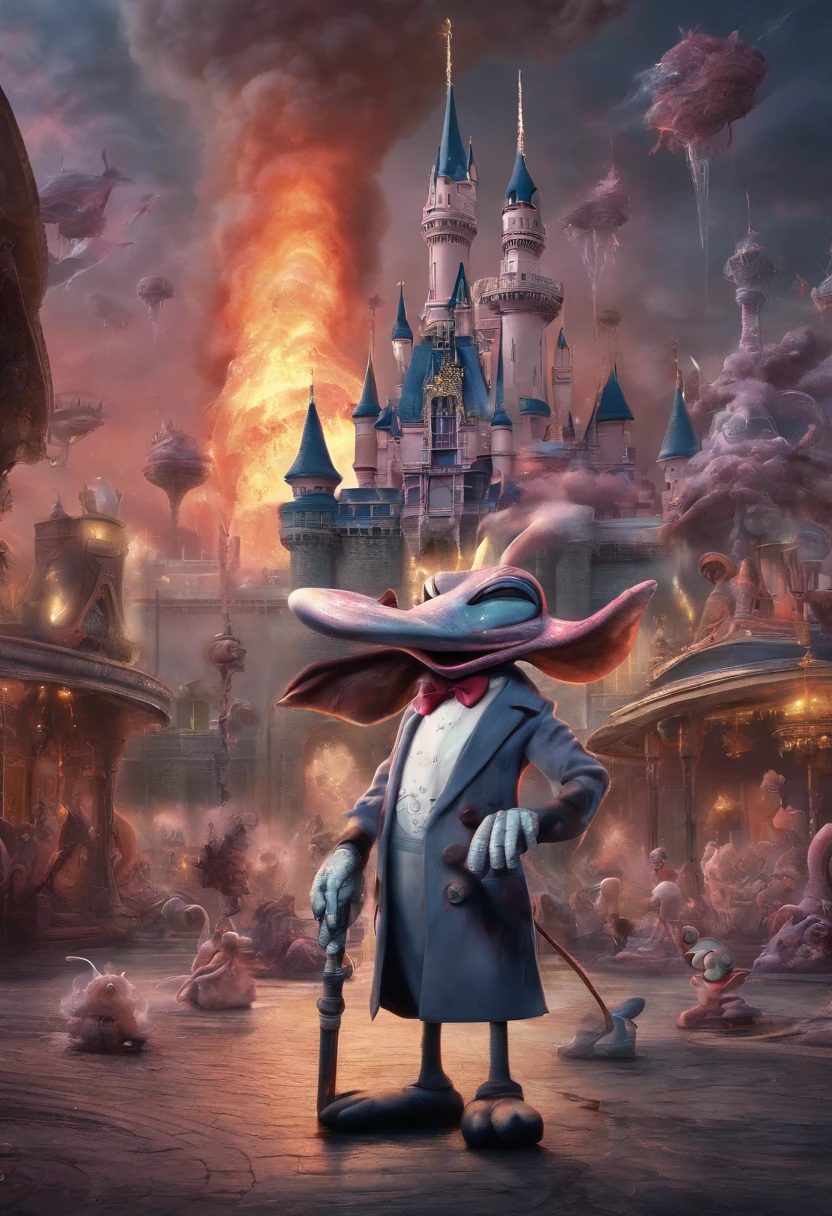 Mickey Mouse, uniform, Donald Duck stabs Mickey mouse, donald wears islamic clothing, zombie flamingos in the background, disney castle burning and destroyed, Adolf Hitler, doing ballet, high detail, photorealism, hyperreal, very detailed background