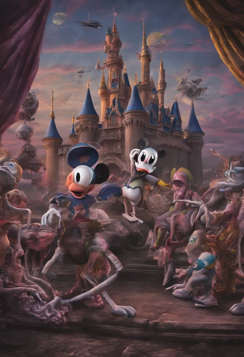 Mickey Mouse, uniform, Donald Duck stabs Mickey mouse, donald wears islamic clothing, zombie flamingos in the background, disney castle burning and destroyed, Adolf Hitler, doing ballet, high detail, photorealism, hyperreal, very detailed background