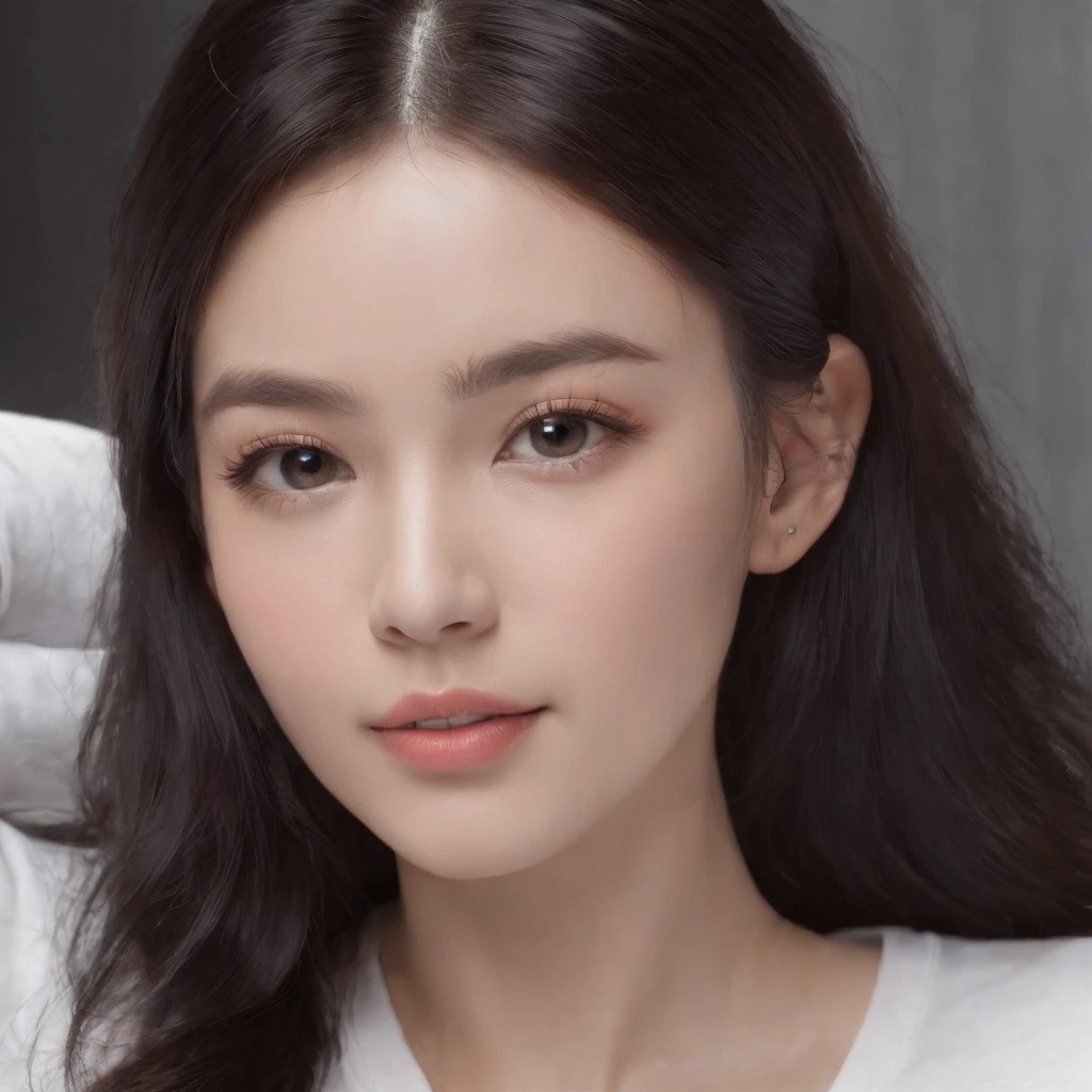 (photo: 1.3) af (realism: 1.4), (((white T-shirt))), (black hair, twin tails), super high resolution, (realism: 1.4), 1 girl, female avatar, Soft light, short hair, facial focus, cheerful, young, confident, ((gray background)), (((monochrome background))), high definition, details, slightly looking up, perfect picture, movie quality, ultra high definition, female avatar , beautiful girl, young and pretty, delicate face, elegant and luxurious
