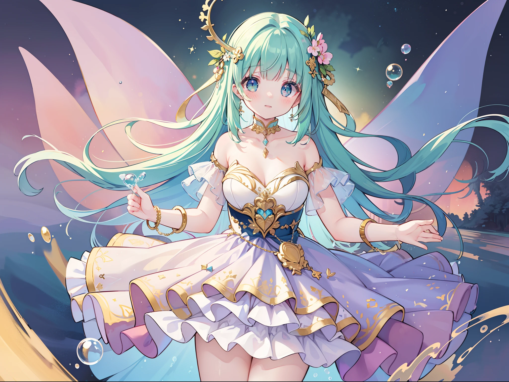 masterpiece, best quality, 8k resolution, sharp focus, intricate detail, beautiful girl, sparkling eyes, golden ratio face, otherworldly liquid, watercolor, ((pastel colors)), bright colors, whimsical, colorful, sharp focus, high resolution, fine detail, ((layered ballgown)), iridescent bubbles