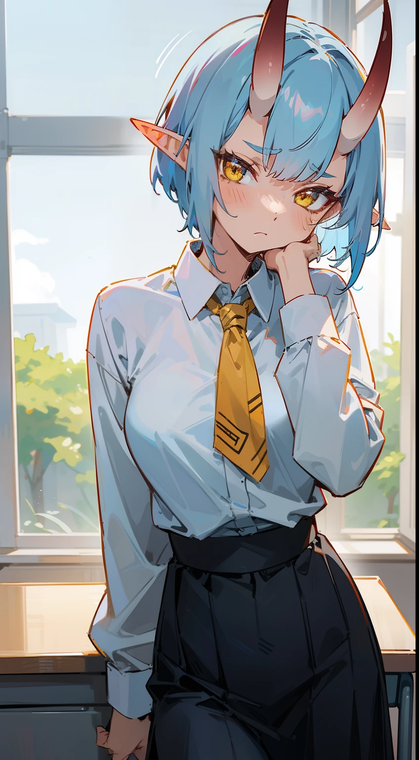 1oni girl,solo,serious face,white shirt,black skirt,light blue hair, short hair,,yellow eyes,elves ears,mature female,oni horns,masterpiece,hd,best quality,4k,classroom