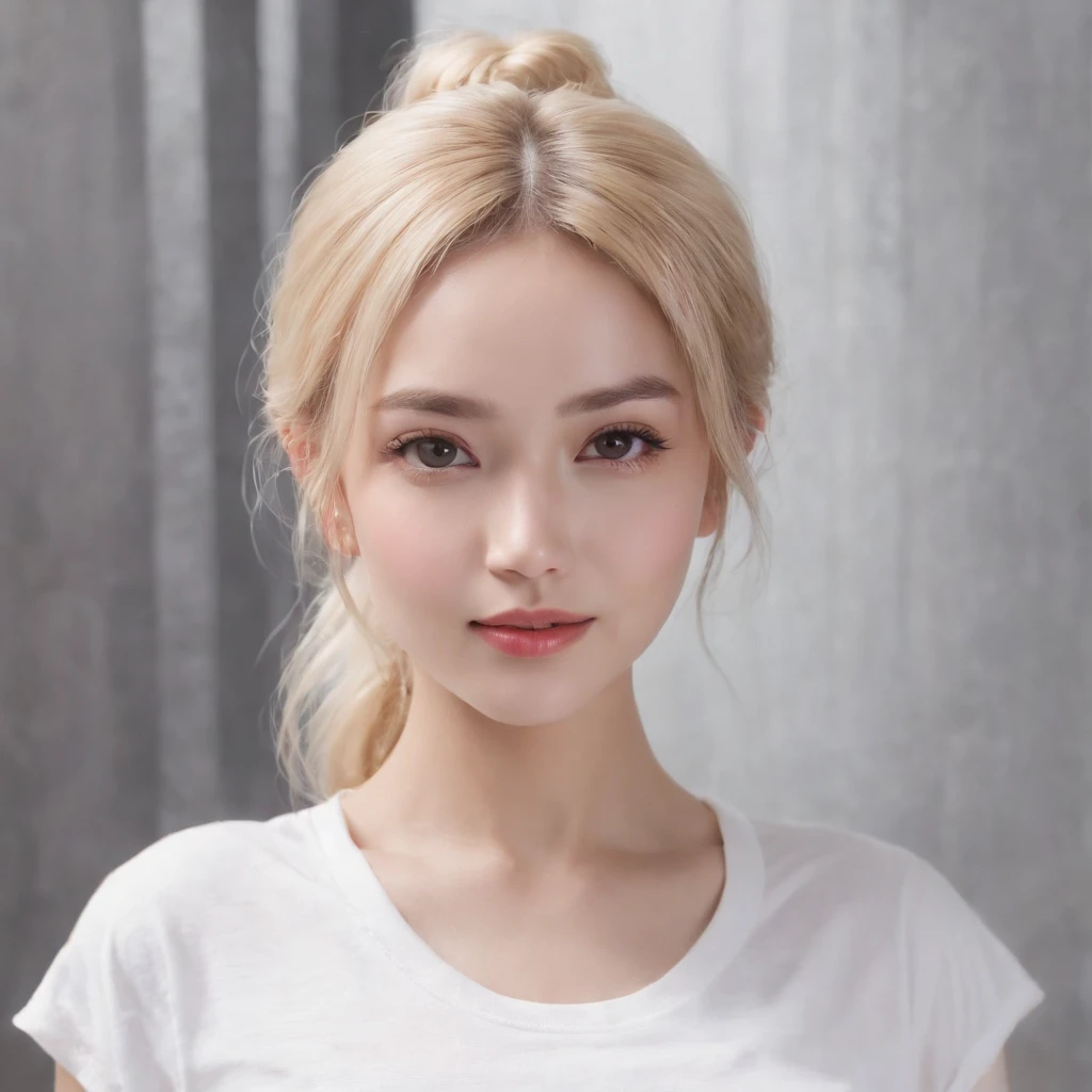 (photo: 1.3) af (realism: 1.4), (((white T-shirt))), (blonde hair, twin tails), super high resolution, (realism: 1.4), 1 girl, female avatar, soft Light, short hair, facial focus, cheerful, young, confident, ((gray background)), (((monochrome background))), high definition, details, slightly looking up, perfect picture, movie quality, ultra high definition, female avatar, Beautiful girl, young and pretty, delicate face, elegant and luxurious