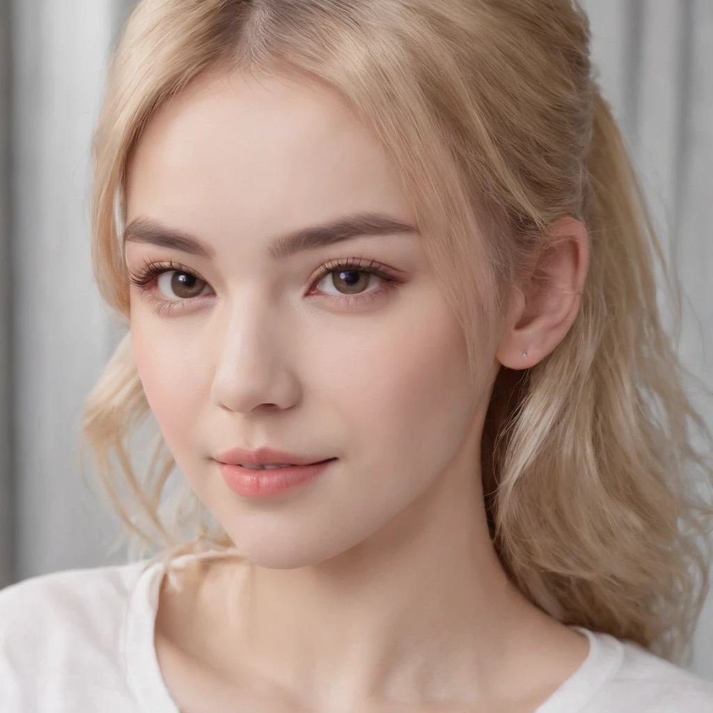 (photo: 1.3) af (realism: 1.4), (((white T-shirt))), (blonde hair, twin tails), super high resolution, (realism: 1.4), 1 girl, female avatar, soft Light, short hair, facial focus, cheerful, young, confident, ((gray background)), (((monochrome background))), high definition, details, slightly looking up, perfect picture, movie quality, ultra high definition, female avatar, Beautiful girl, young and pretty, delicate face, elegant and luxurious