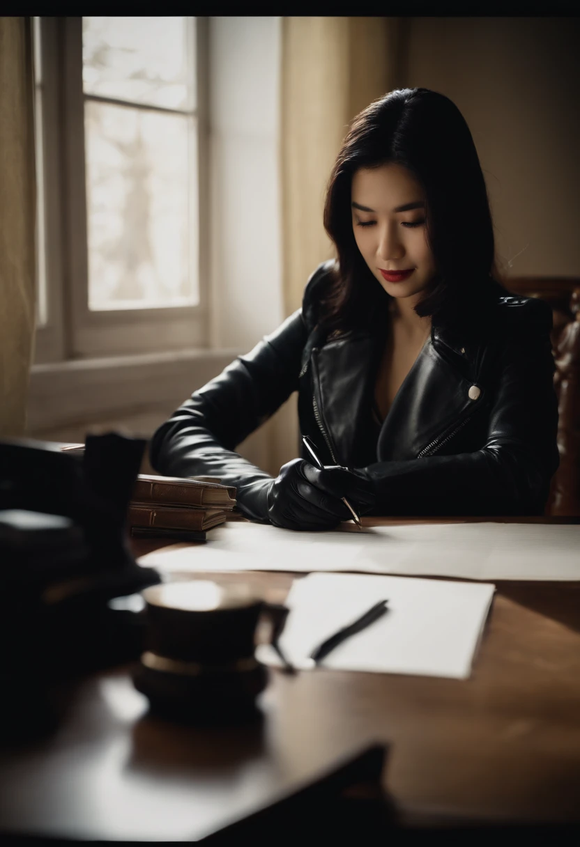 Wearing black leather gloves in both hands, upper body, black leather rider jacket, facing the desk in the study in the dark, looking down, smiling, writing a letter using a fountain pen, long, straight black hair, young Japanese woman (black leather gloves cover both hands)
