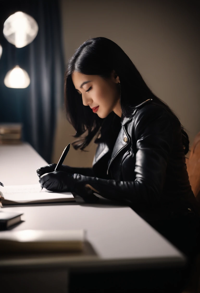 Wearing black leather gloves in both hands, upper body, black leather rider jacket, facing the desk in the study in the dark, looking down, smiling, writing a letter using a fountain pen, long, straight black hair, young Japanese woman (black leather gloves cover both hands)