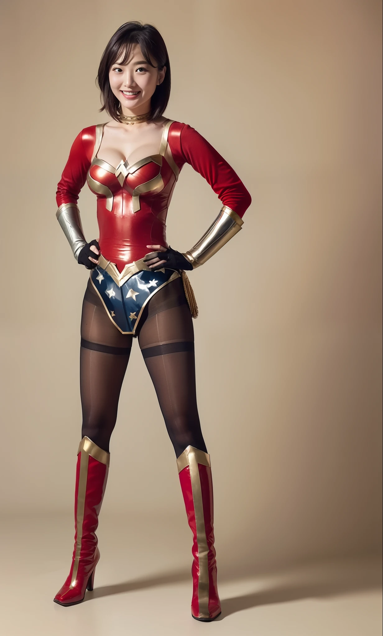 (((Make the most of the original image)))、(((Wonder Woman Costume)))、(((lustrous dark hair)))、(((Suffering)))、(((Feet must necessarily be worn with tights)))、(((Smile)))、(((You need to wear red boots)))、((Top image quality、8K))、((top-quality、8K、​masterpiece:1.3))、Crisp focus:1.2、Beautiful woman with perfect body shape:1.4、Slender Abs:1.2、((layers-Cut、large boob:1.2))、a wet body:1.5、Highly detailed facial and skin texture、
